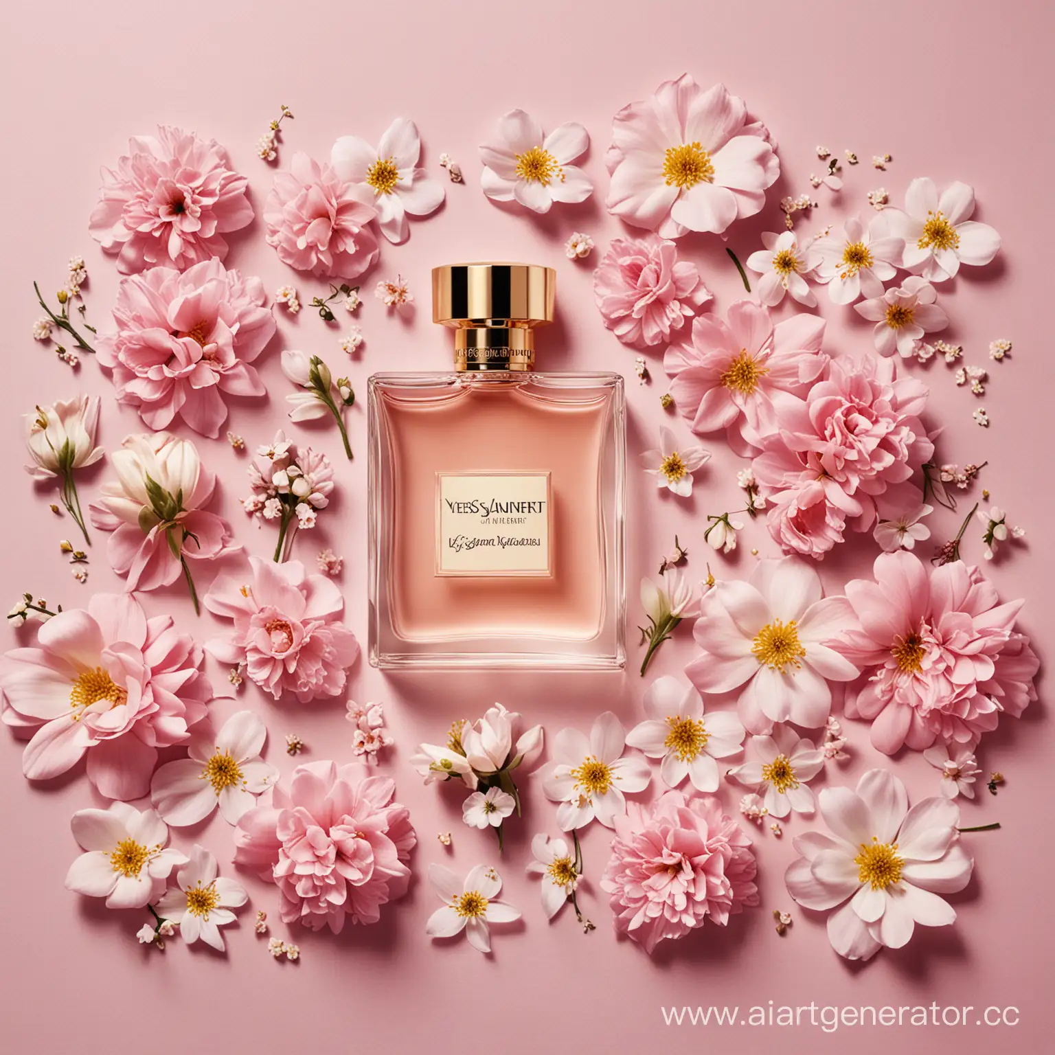 рекламное изображение к бренду Yves Saint Laurent, много духов, маленькие цветочки, шлейф аромата, нежность
