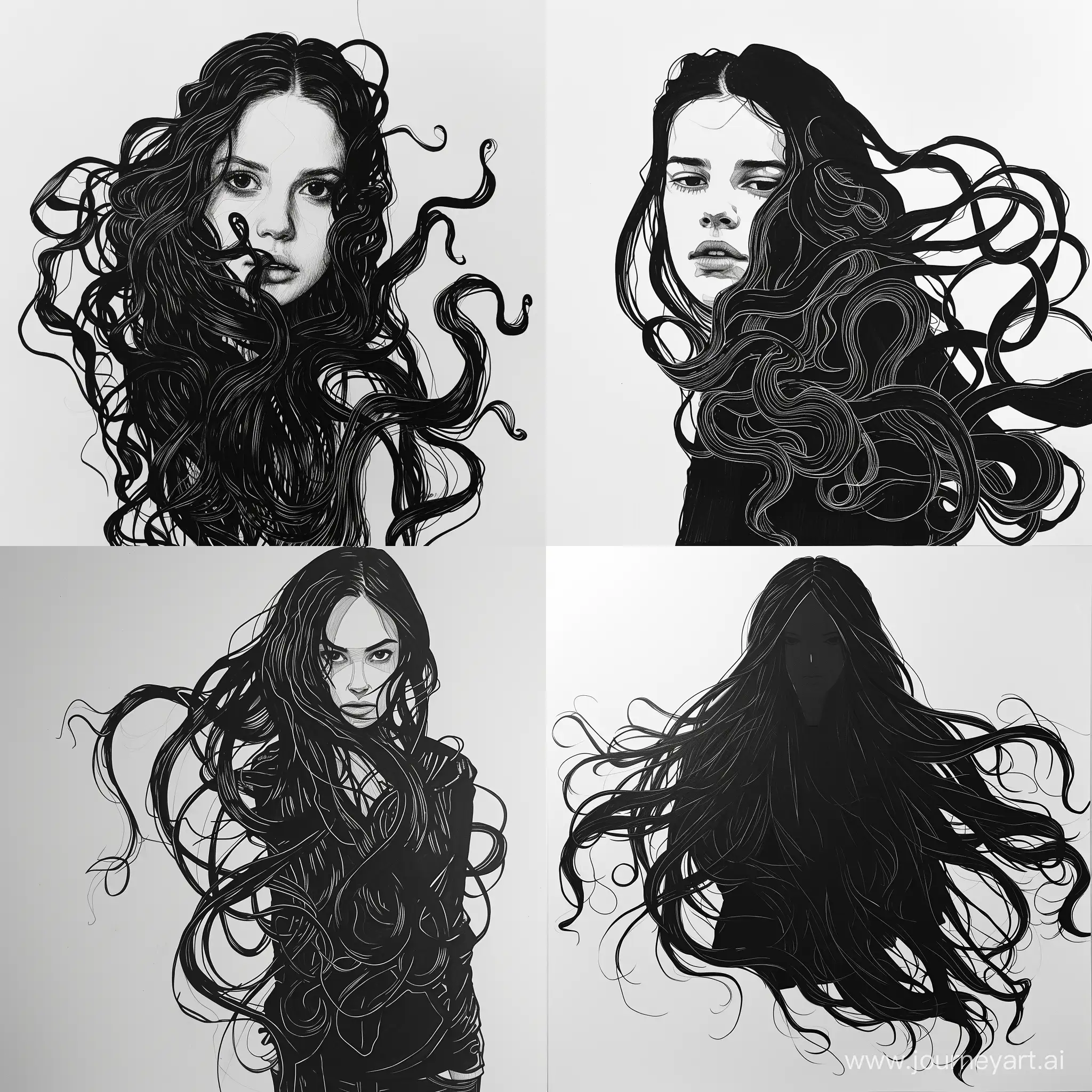 A realistic drawing of a woman with long flowing hair, in all black with an white background, drawn by using only one continue line with multiple curlrve