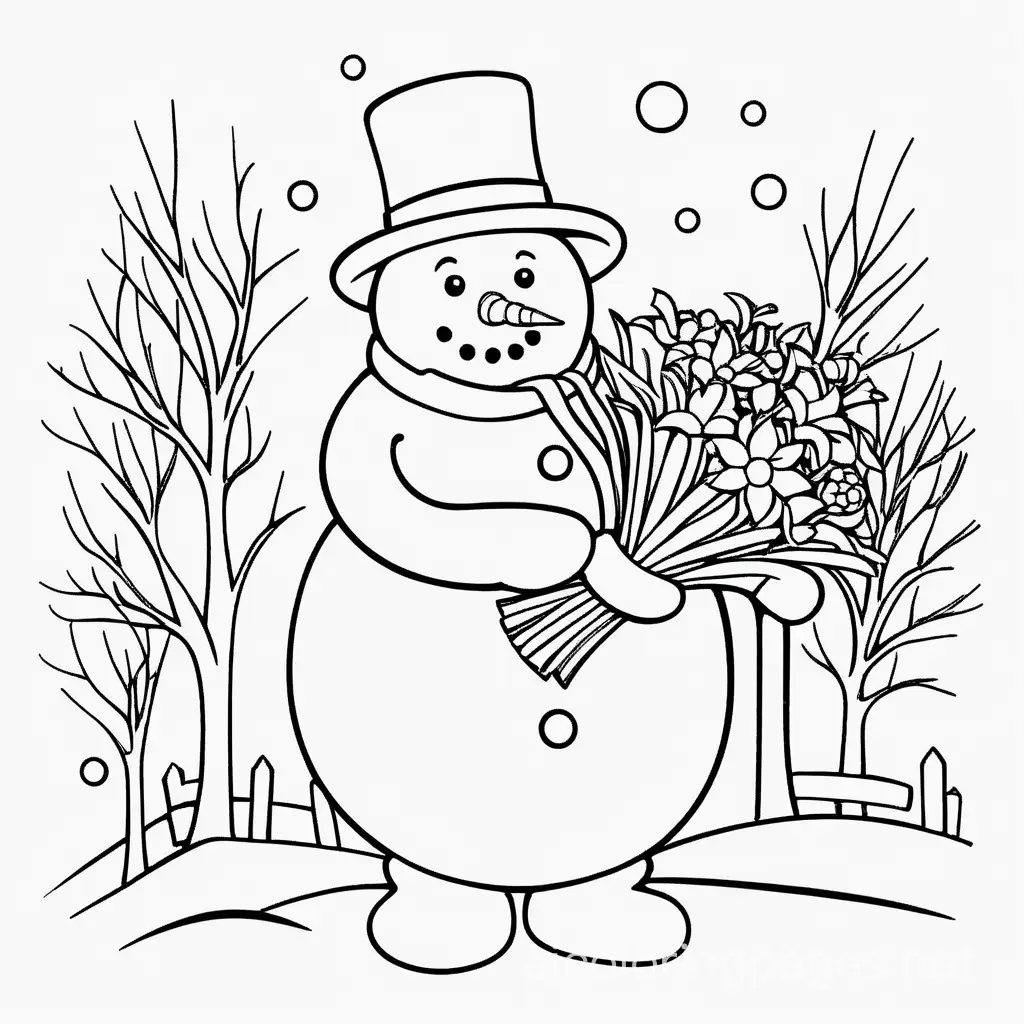 The snowman is carrying a bouquet, Coloring Page, black and white, line art, white background, Simplicity, Ample White Space. The background of the coloring page is plain white to make it easy for young children to color within the lines. The outlines of all the subjects are easy to distinguish, making it simple for kids to color without too much difficulty