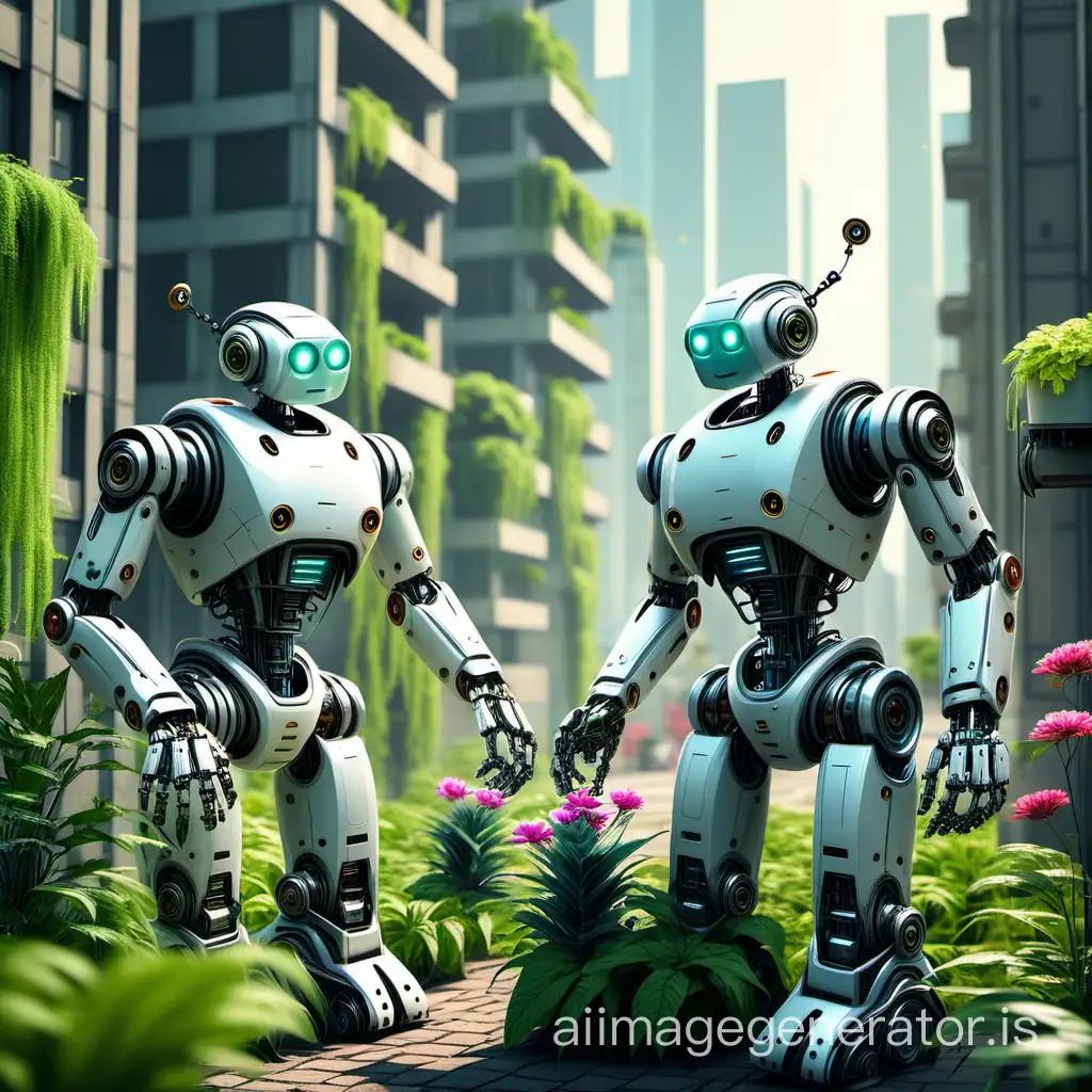 The robots are happily maintaining the deserted city full of plants, bright