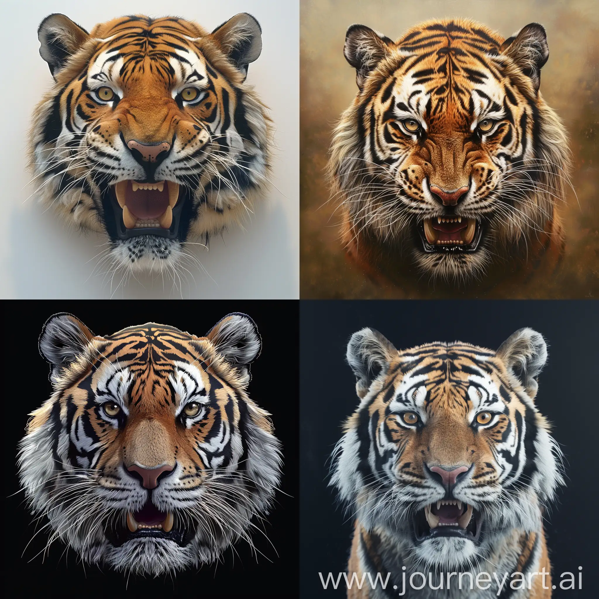 голова тигра , звериный оскал , фронтальное изображение , фотореализм