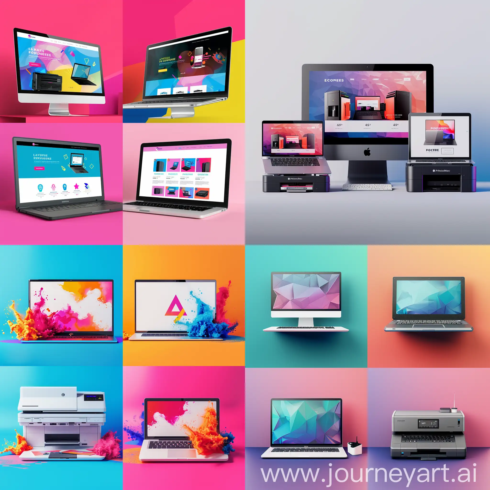 GENERATE FOR ME 4 WEBSITE DISPLAY BANNERS FOR AN ECOMMERCE WEBSITE THAT SELLS LAPTOPS, PRINTERS USE POPPING COLORS