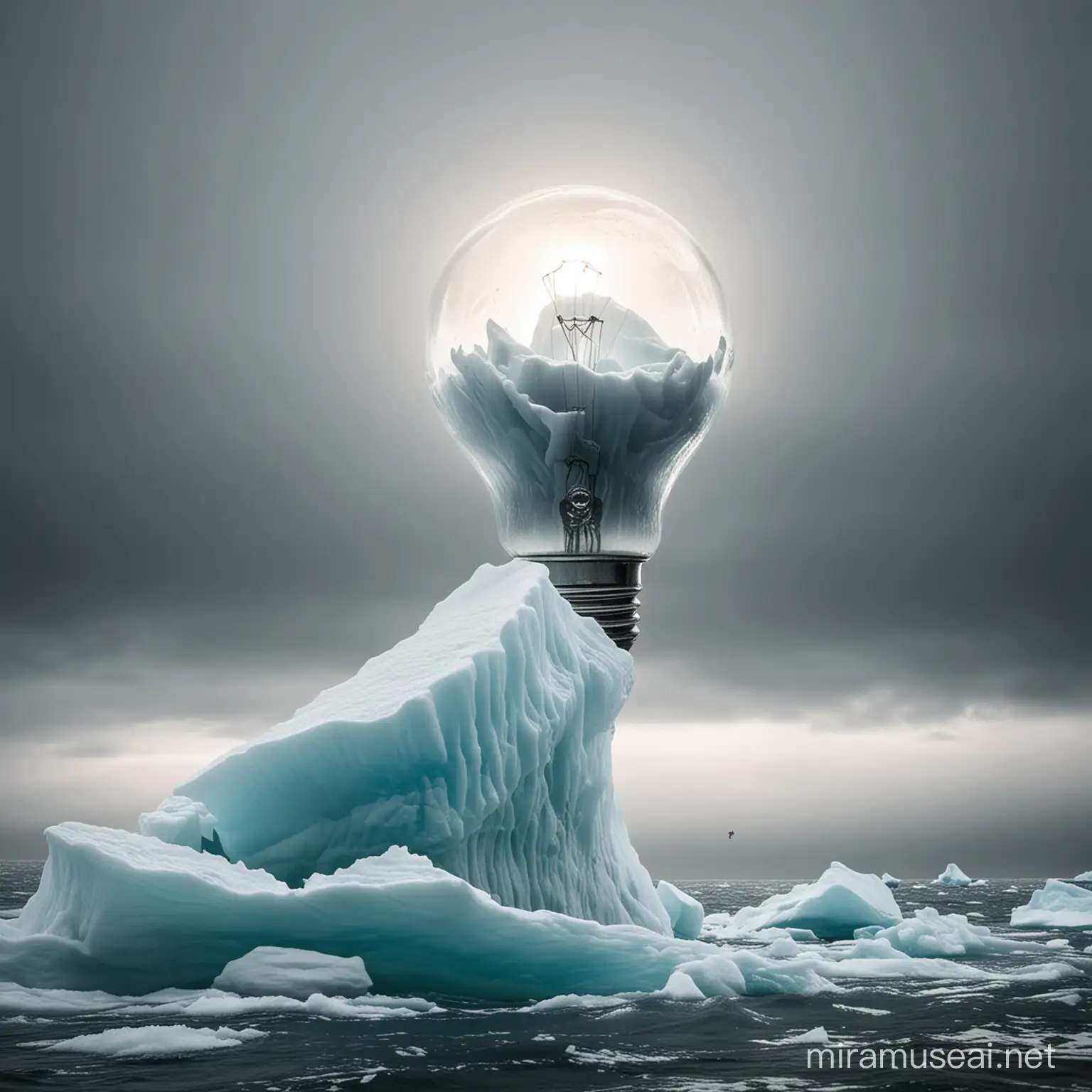 Creative Light Bulb Colliding with Iceberg Inspiring Collision of Nature and Imagination