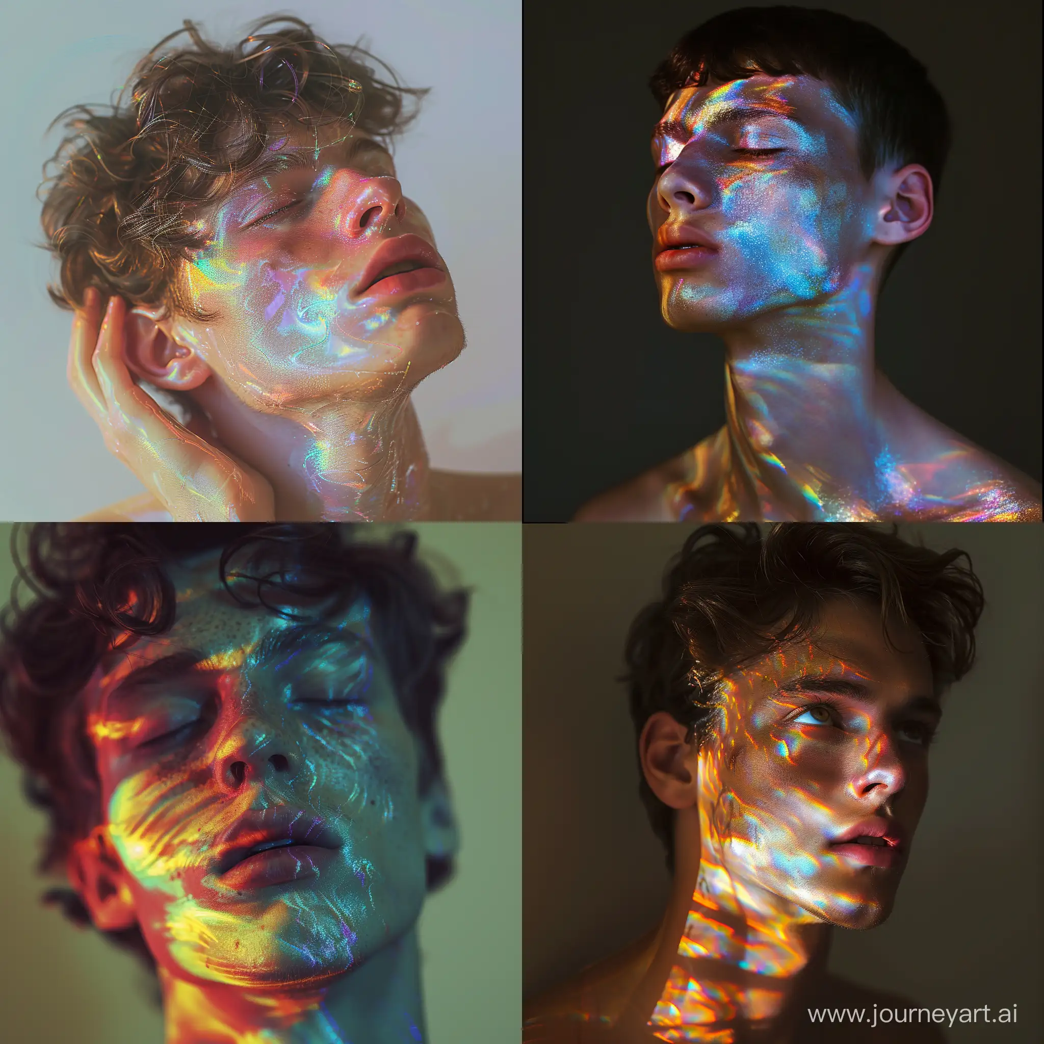 realistic image iridescent stye of a 20 y.o guy — v 4; hiperrealistic, baroque stylege, photo with high exposure