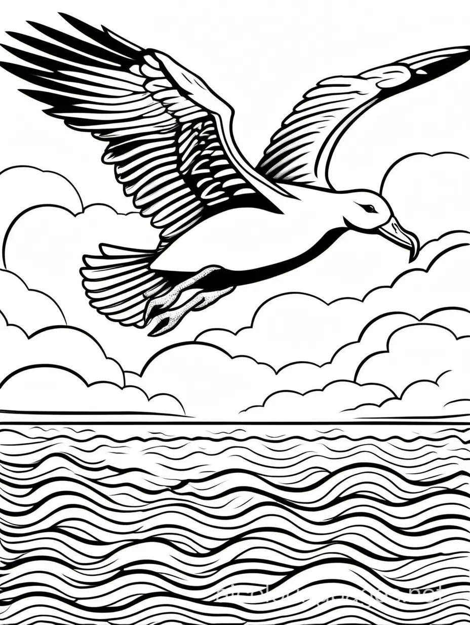friendly, simple albatros bird in flight above the water, a few clouds in the sky, Coloring Page, black and white, line art, white background, Simplicity, Ample White Space. The background of the coloring page is plain white to make it easy for young children to color within the lines. The outlines of all the subjects are easy to distinguish, making it simple for kids to color without too much difficulty