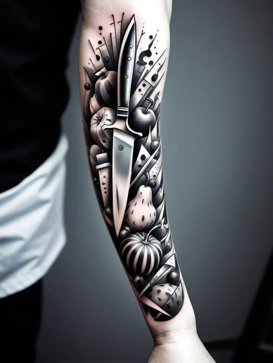 Whole arm tattoo for a chef. Put some fruit and vegetables in an abstract way. Black and white. Knife and abstract tattoo. All arm tattoo abstract