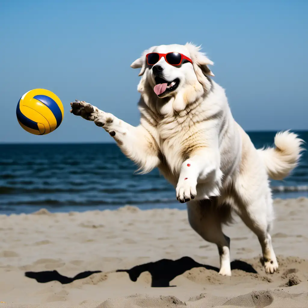 A great pyrenees spiking a beach volleyball on a beach with sunglasses and a tshirt on