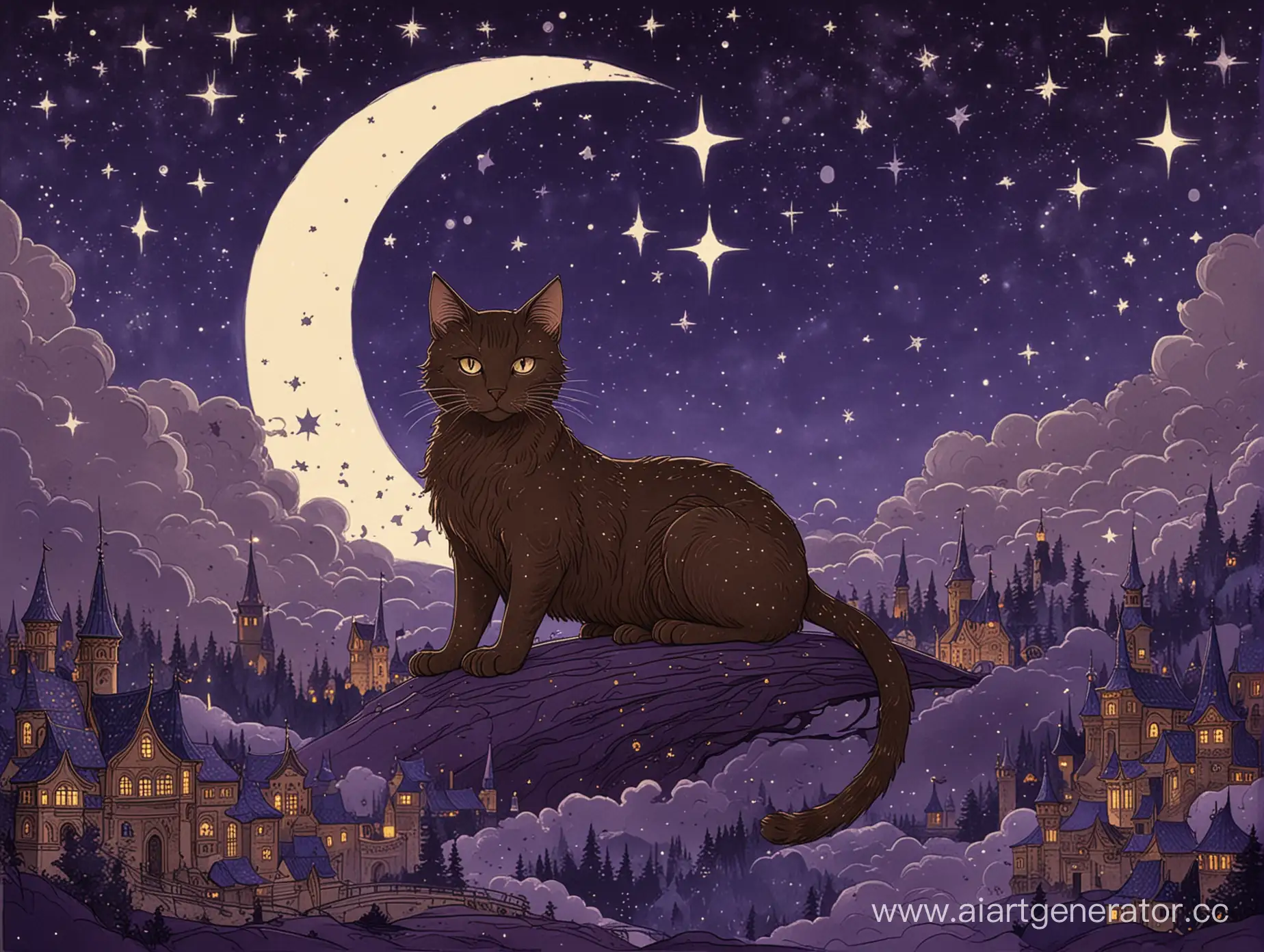 Illustration for a fairy tale in the style of Bilibin, dark purple skies full of stars, mysterious dark brown cat with crescent on the forehead
