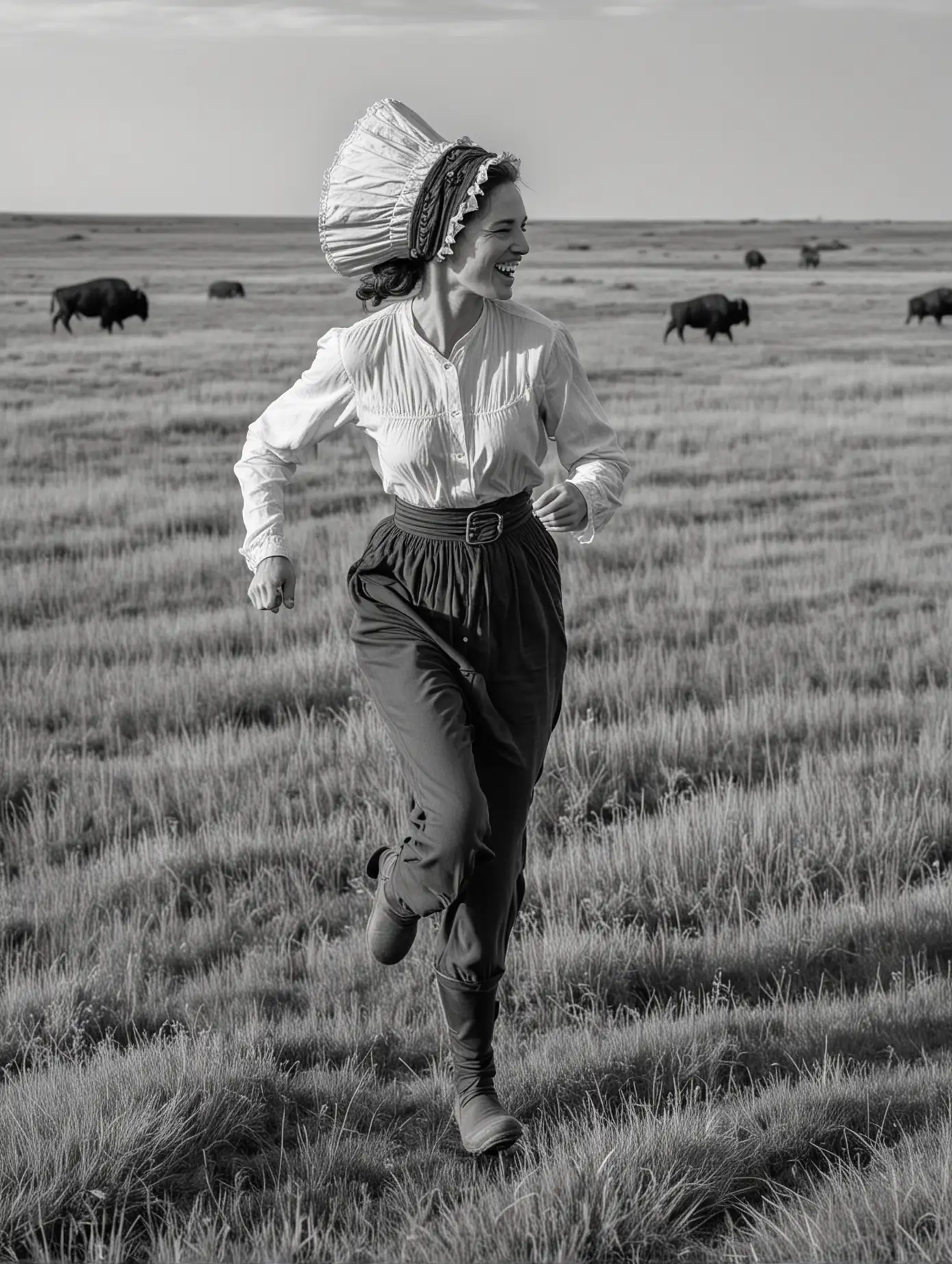 A woman runs through the prairie. She is a pioneer and wears a bonnet. Seen from the side. there are buffalo in the background. In black and white. 