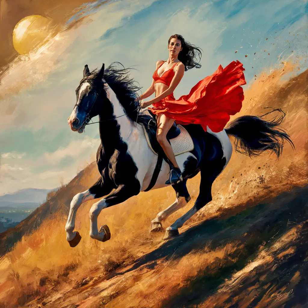 Oil painting, expressionist style, impulsive brushwork, colors of summer, no wind, vibrant heat , a stunning and sporty woman is riding a beautiful black and white horse up a hill , galloping fast and freely 