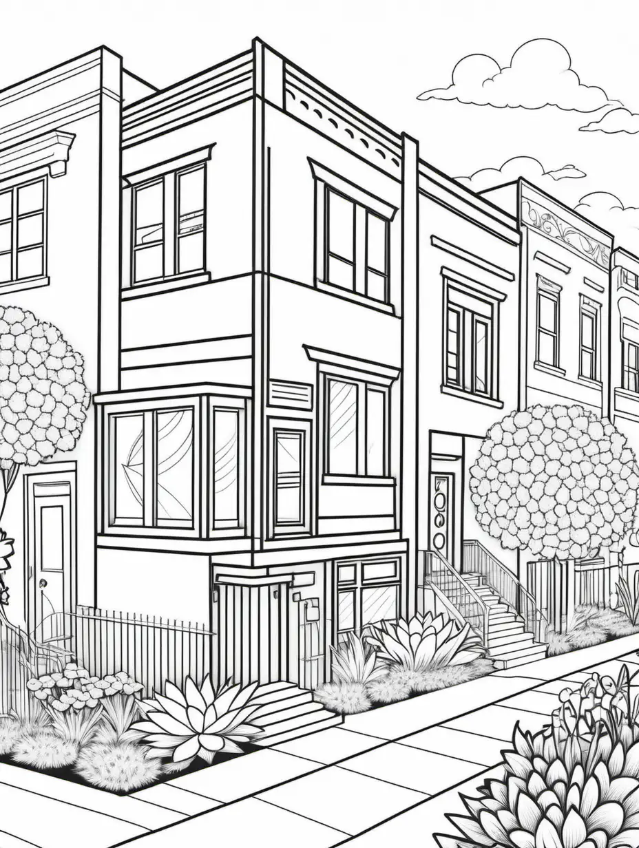 A Coloring book page, black and white. City townhouse,
Sleek and stylish modern townhouses with large flowers and spaceships parked outside. The lines should be crisp and well-defined for young artists.