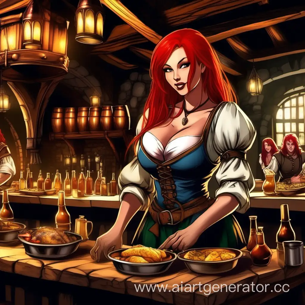 Medieval-Fantasy-Tavern-Waitress-with-Striking-Red-Hair-and-Bustling-Atmosphere