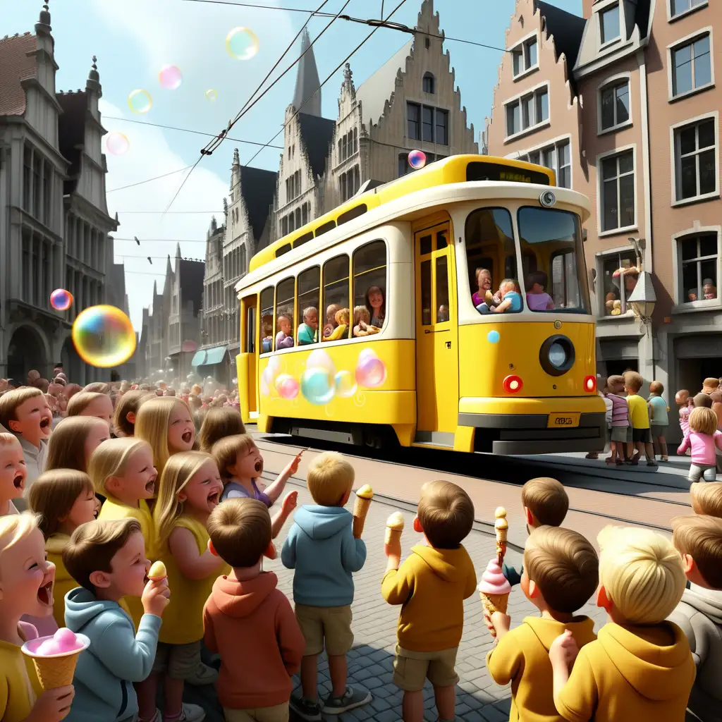 In Ghent,  a yellow tram is passing by the people with lots of kids eating ice cream with bubbles. Kids look happy. Disney Pixar Style