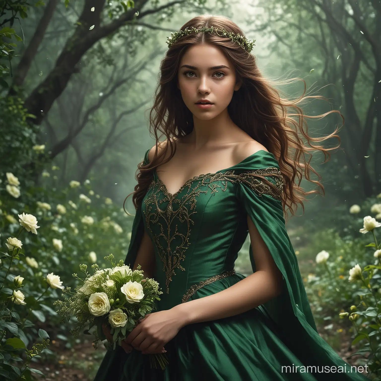 20 year old princess in a dark fantasy novel. she has brown hair and a green gown. she is using her powers to grow flowers