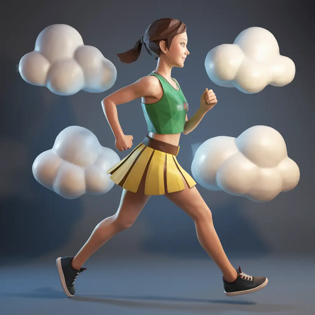 Run for Fashion , one running game girl (not kid , low poly) 3d model and make background cartoon clouds, for game logo not so realistic , more like runner Game. Side view , without Text , with clothes #5A5B37 , #AAAD28
