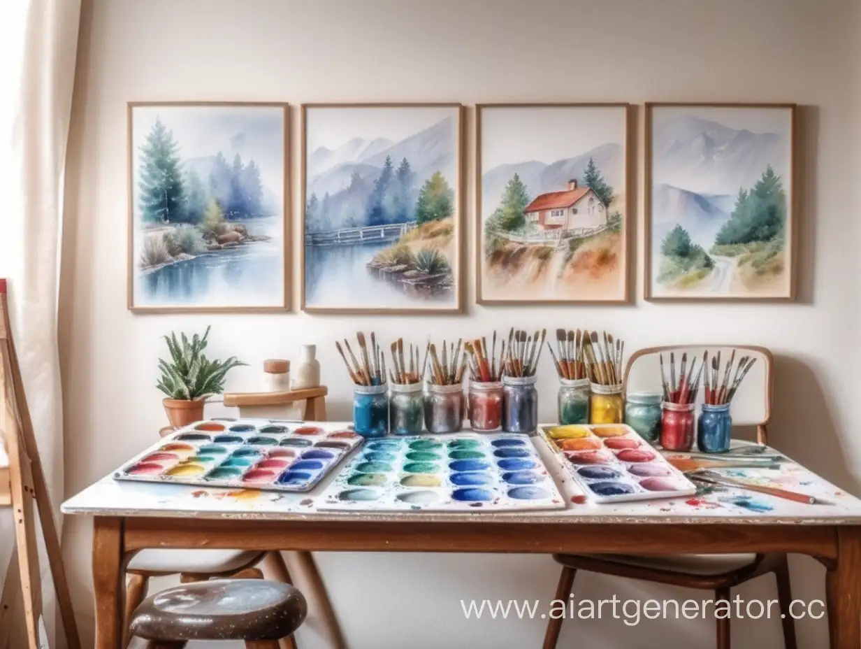 Cozy-Watercolor-Studio-with-Paints-on-Table