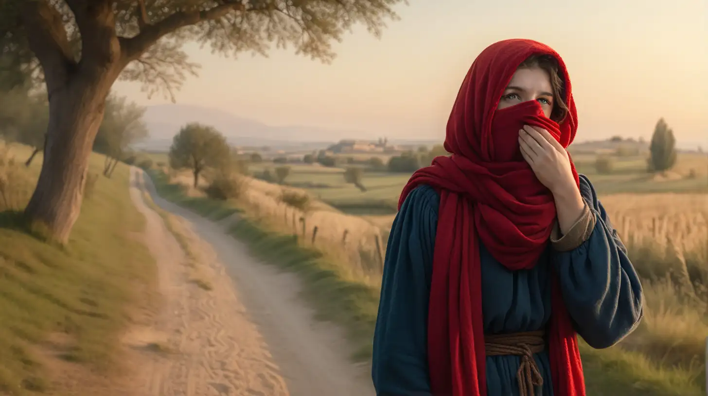 epoque biblique, une prostituée aux beaux youex maquillés qui cache son nez et sa bouche avec un foulard rouge, debout sur un chemin dans la campagne, heure du matin