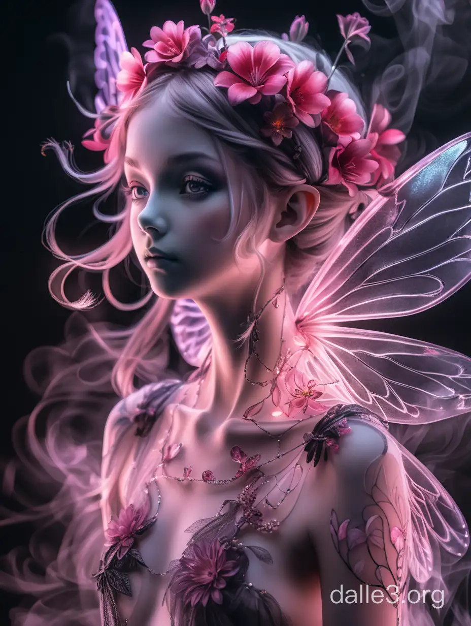 close-up of a portrait of a beautiful transparent ((fluorescent fairy)), fog, made of crystal, red and pink, ((flowers in smoke)), black haze, clear drawing of details, the thinnest transparent invisible silk, thin shoulders, pink pattern, body art, transparency, dark vegetation, digital art, complex details, elegance, mysticism, surrealism, realistic, over-detailed, blurred background, small sparks