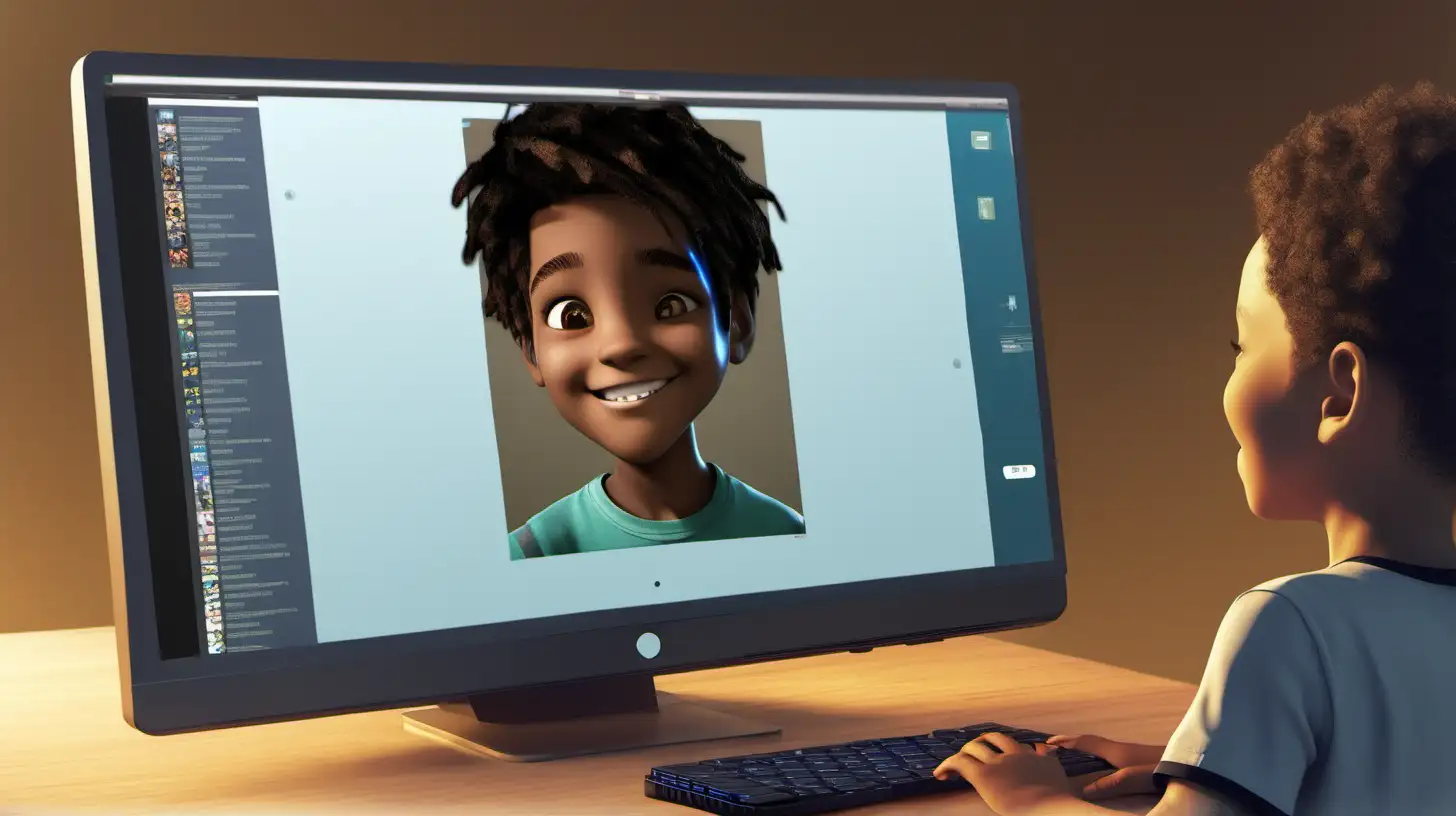 Joyful Child Crafting Digital Avatar on Computer Screen
