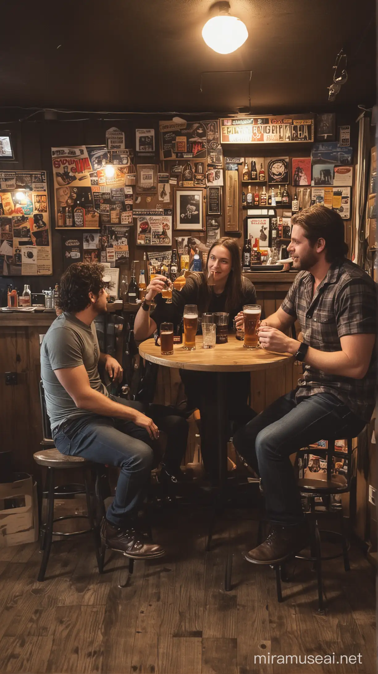 Three people sitting at a small round table drinking alcohol in a dive bar 