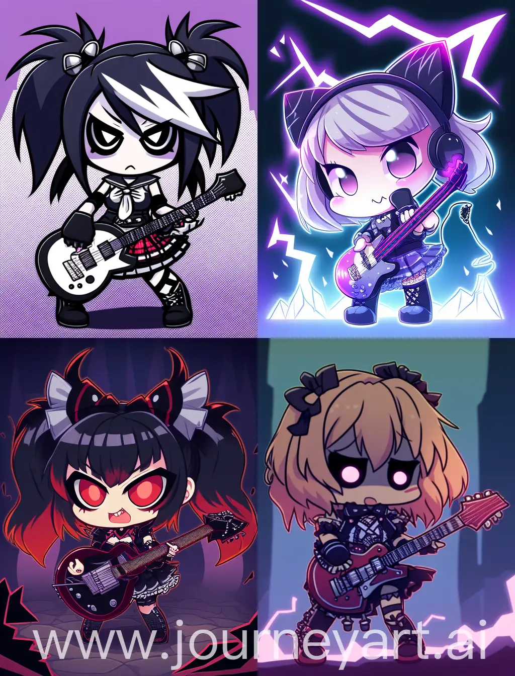 chibi emo girl playing guitar, cartoon anime style, strong lines, spooky background