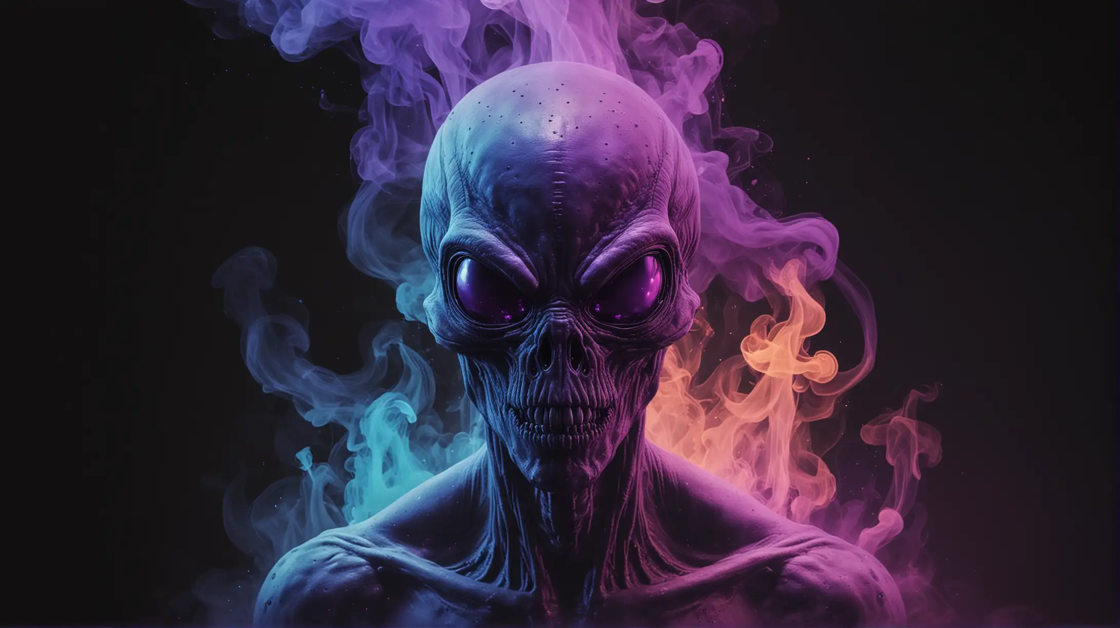A simplistic artwork depicting a Scary alien. and neon smoke mist in double exposure style, minimalistic painting, Rainbow and purple mist ink design, smoke ink style, straightforward black drawings, streaming outline, dark backdrop, high contrast --ar 16:9