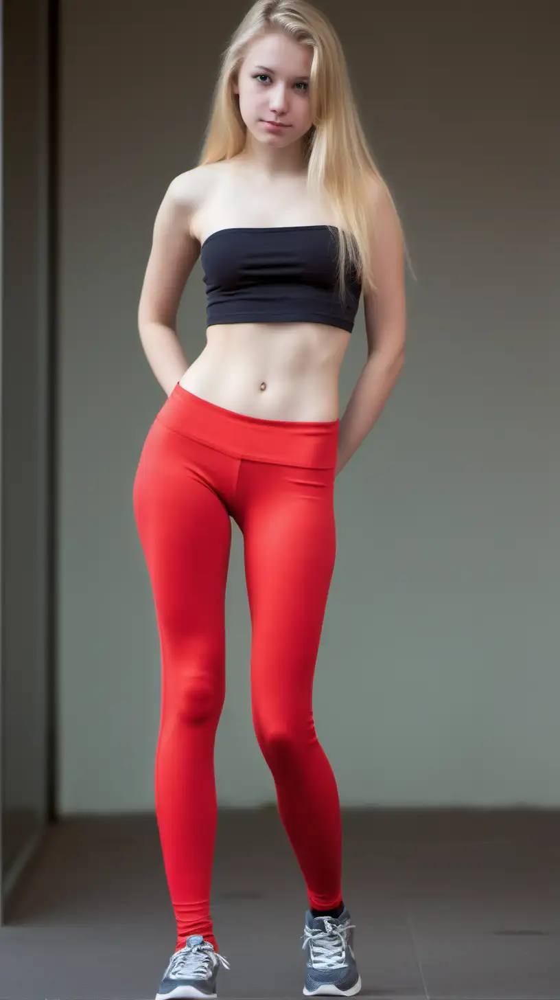 hourglas figure 16yo girl with young face red leggings topless blond hair