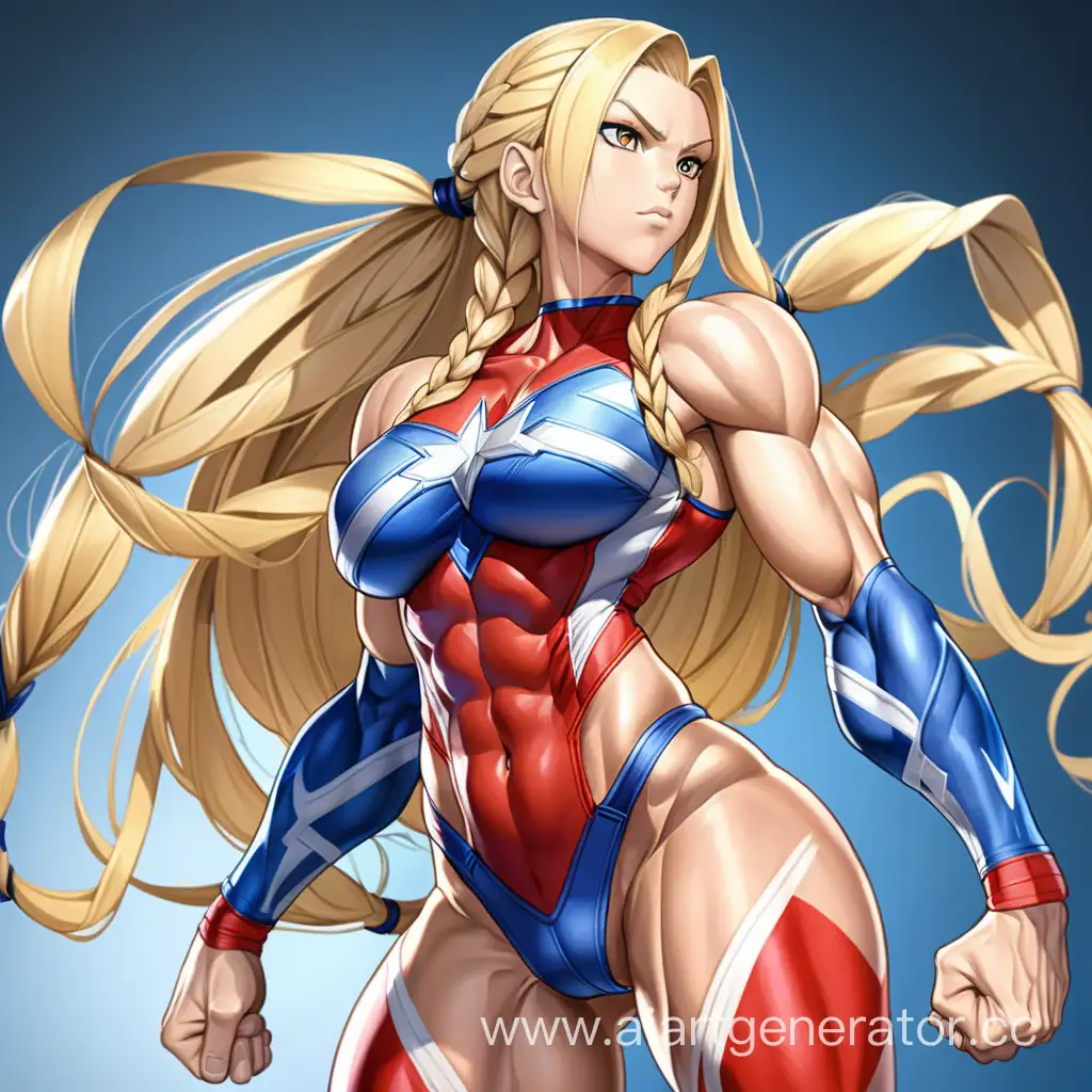 Anime, Young woman. Long blond hair in a braid. (Tight White-red-blue-yellow body-suit.) Long legs. Super-hero. Muscular body and legs. Huge legs. Muscle definition. Bodybuilder. Huge muscles. Flexing huge biceps. Veins on muscles.