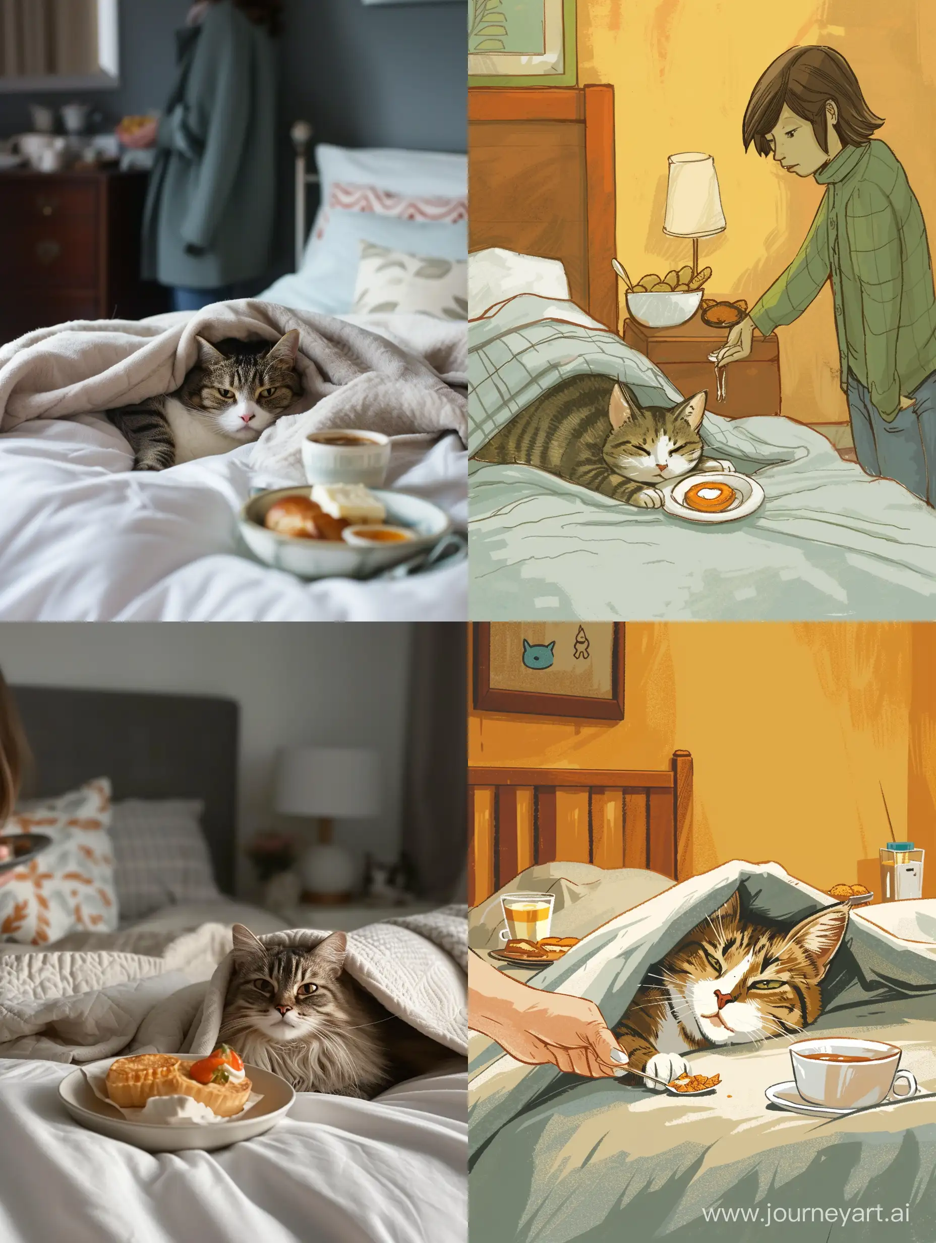 Cozy-Morning-Sleepy-Cat-Receives-Breakfast-in-Bed