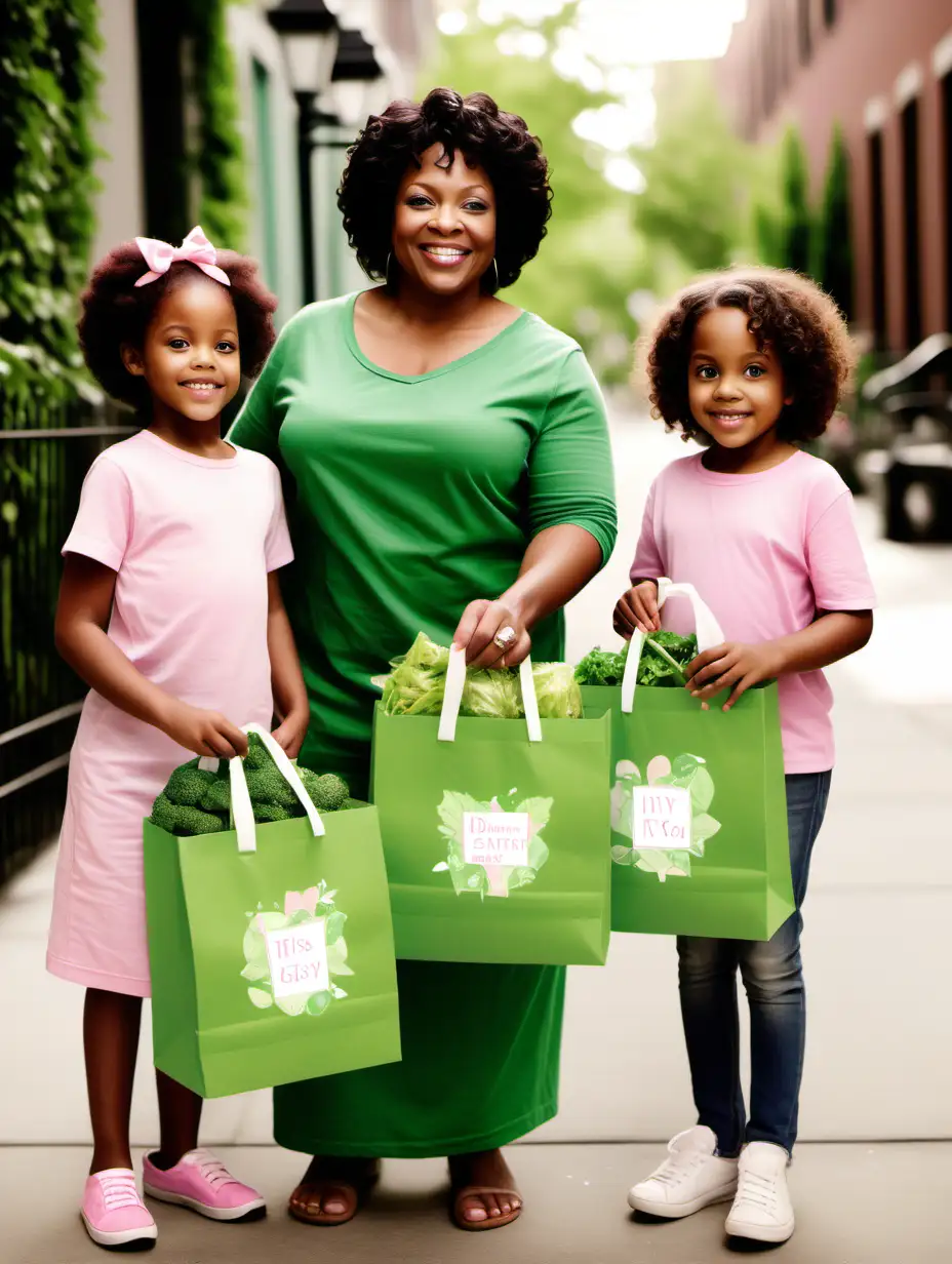 create an image of a 3 middle aged black women giving away green bags of food to a little boy and girl. incorporate soft pink and green colors. incorporate ivy in picture