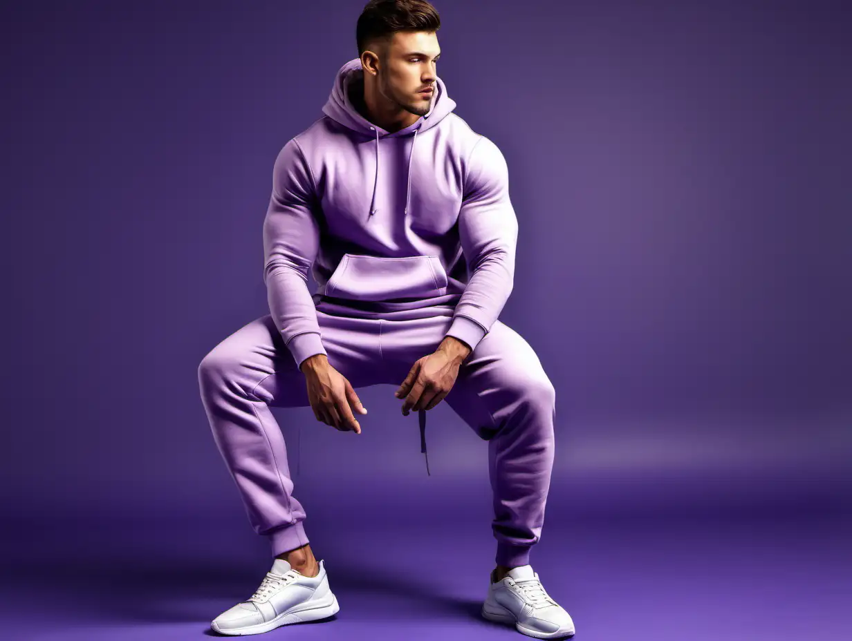 Fit Man in Lavender Sweat Pants and Hoodie Athletic Fashion Statement