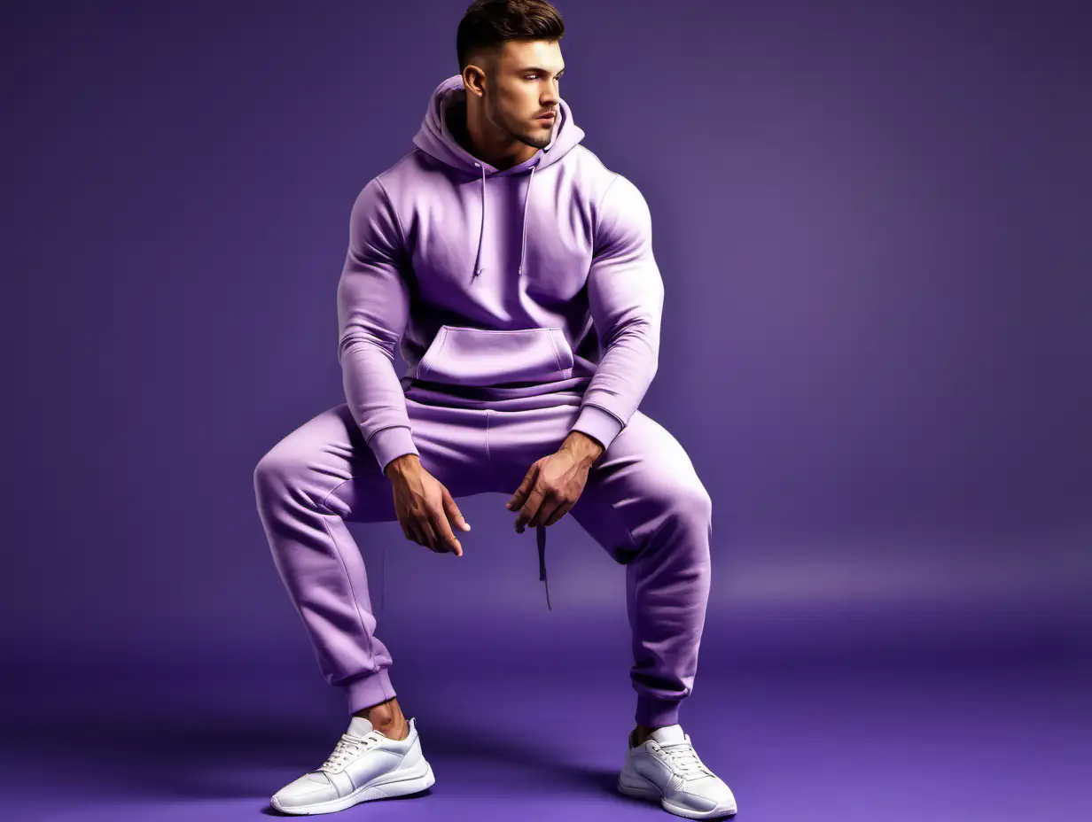 GENERATE AN IMAGE OF MUSCULAR MAN WEARING LAVANDER SWEAT PANTS WITH LANAVDER HOODIE 