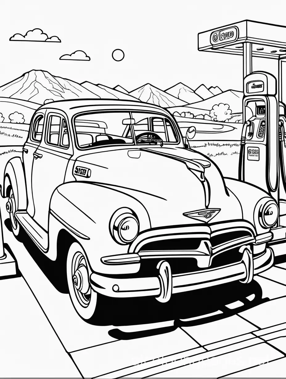 classic car at gas station  with scenery, Coloring Page, black and white, line art, white background, Simplicity, Ample White Space. The background of the coloring page is plain white to make it easy for young children to color within the lines. The outlines of all the subjects are easy to distinguish, making it simple for kids to color without too much difficulty