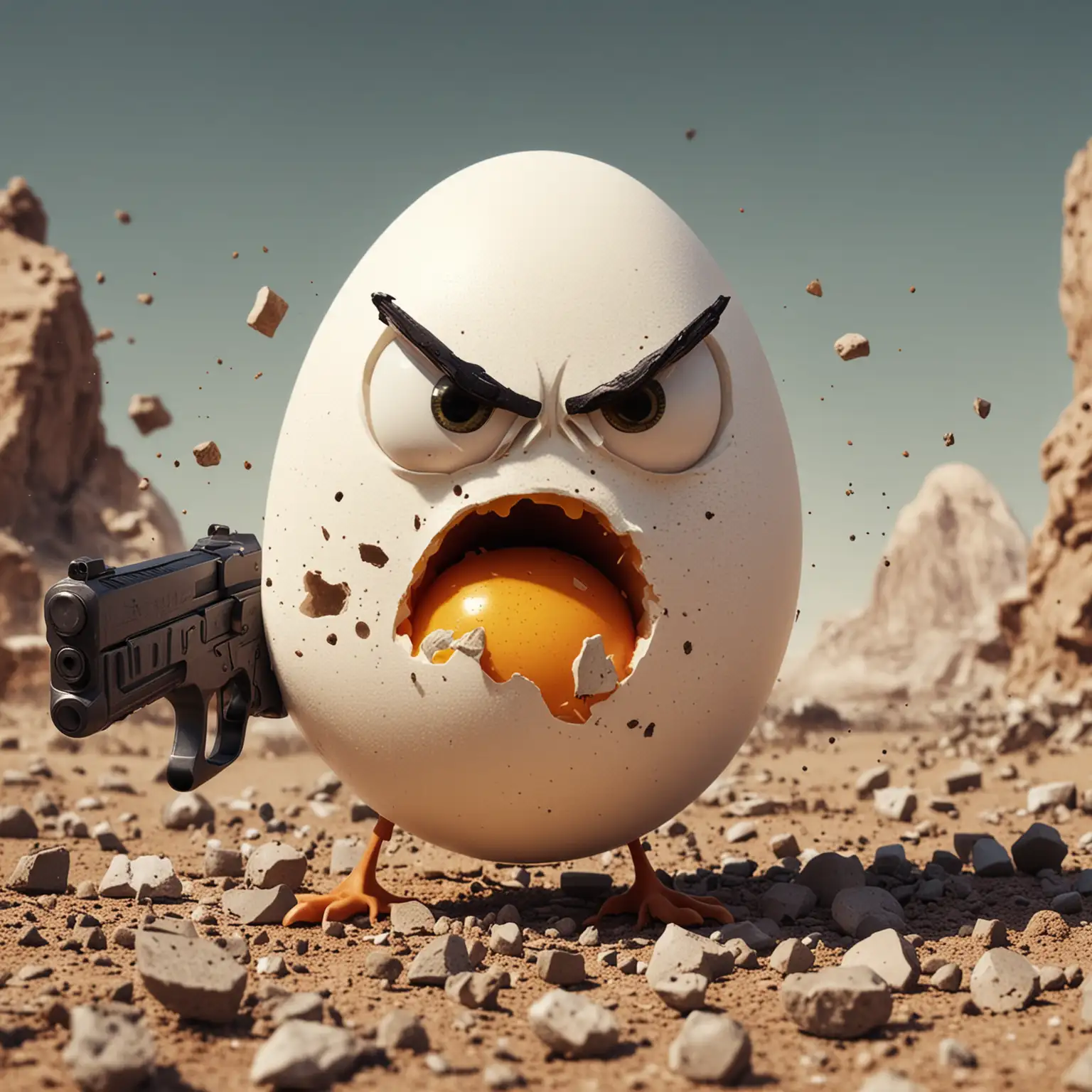 a furious cartoon egg is destroying the world with guns