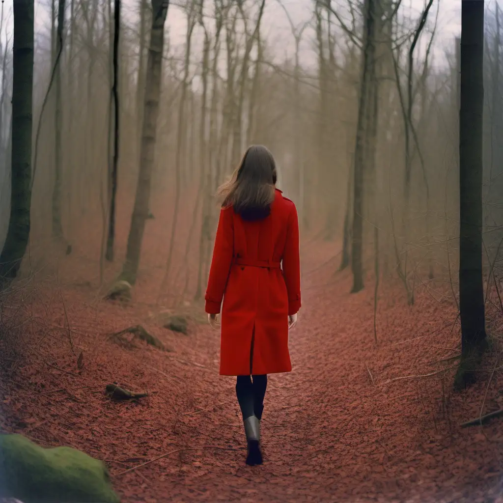 Brunette Model in Red Coat Walking Through Enchanting Forest Kodak Gold 400 Film