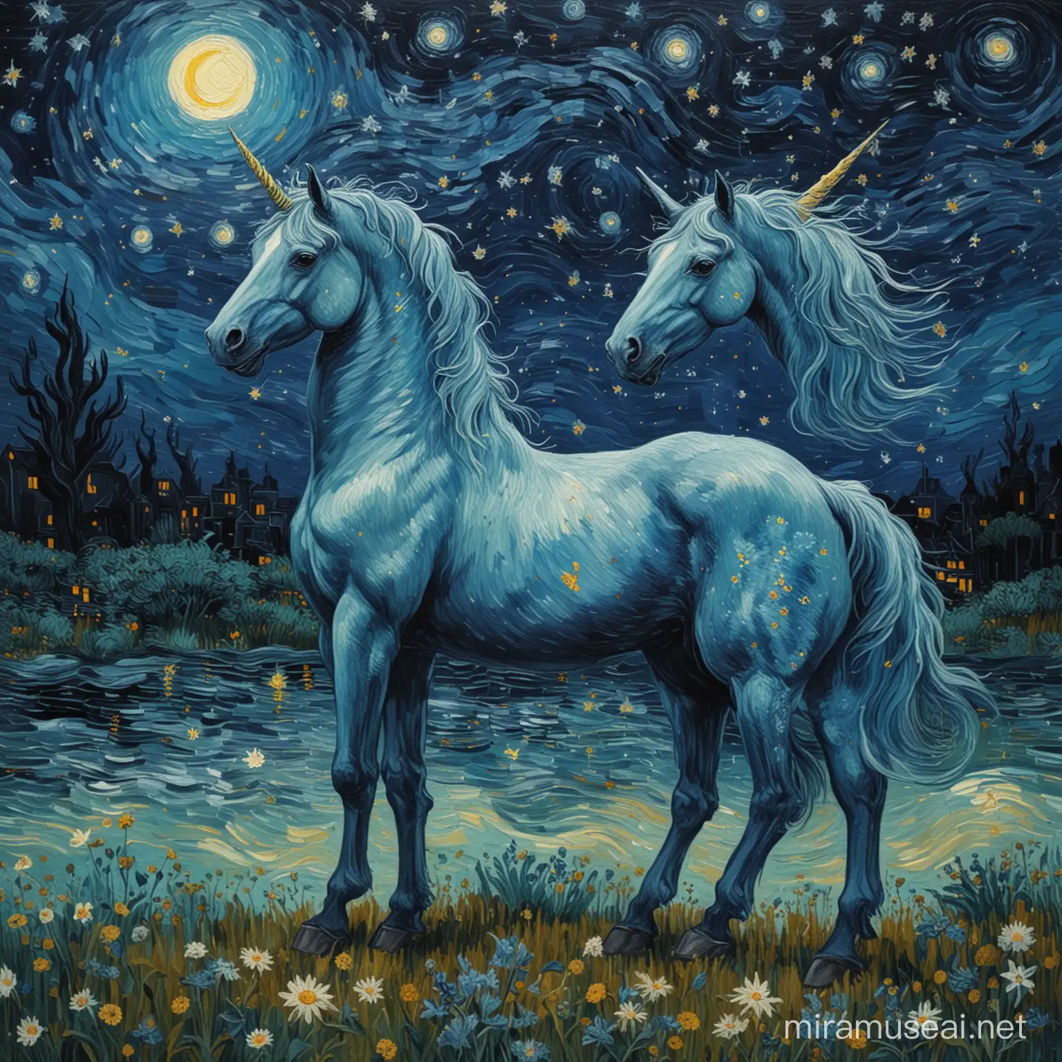 van gogh sternennacht, blue unicorn, painting, clear contrast colour