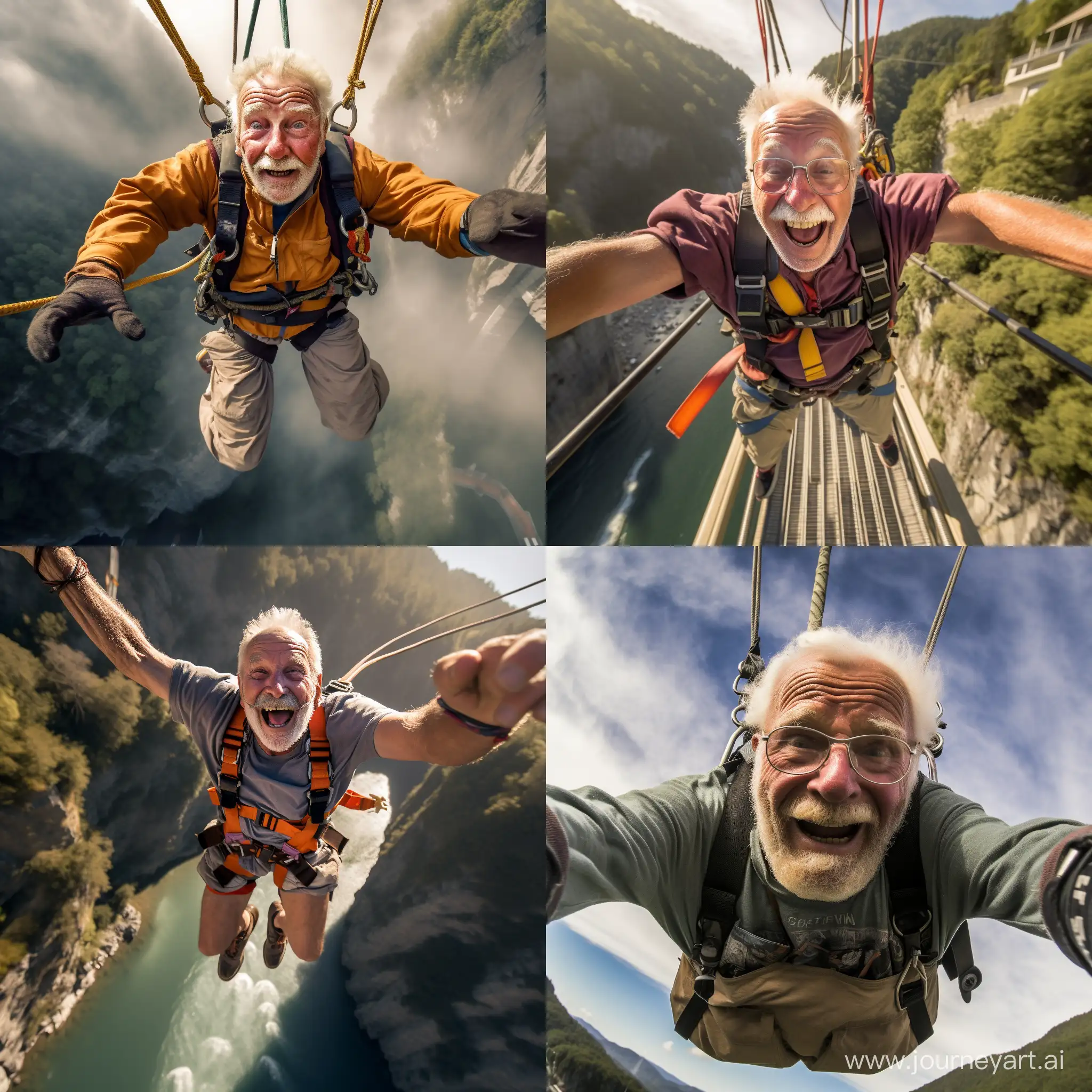 Create an ultra-high-definition photo that captures an exhilarating scene of an old man bungee jumping from a bridge. The perspective should be from a lower vantage point, looking upwards, to show the man in mid-fall with the bridge prominently visible above him. The bungee cord should be taut and clearly attached to the bridge, emphasizing the height and the thrill of the jump. The old man, with a wide grin on his face, should embody a sense of joy and exhilaration, adding a dynamic and lively element to the scene. The image should be set during the golden hour, where the warm, vibrant colors of the sunset enhance the details and textures, giving a rich, vivid quality to the photo. This scene should capture the essence of an adventurous spirit and the excitement of a once-in-a-lifetime experience, all framed within the beauty of golden hour lighting, reminiscent of the high-quality imagery produced by a Sigma lens