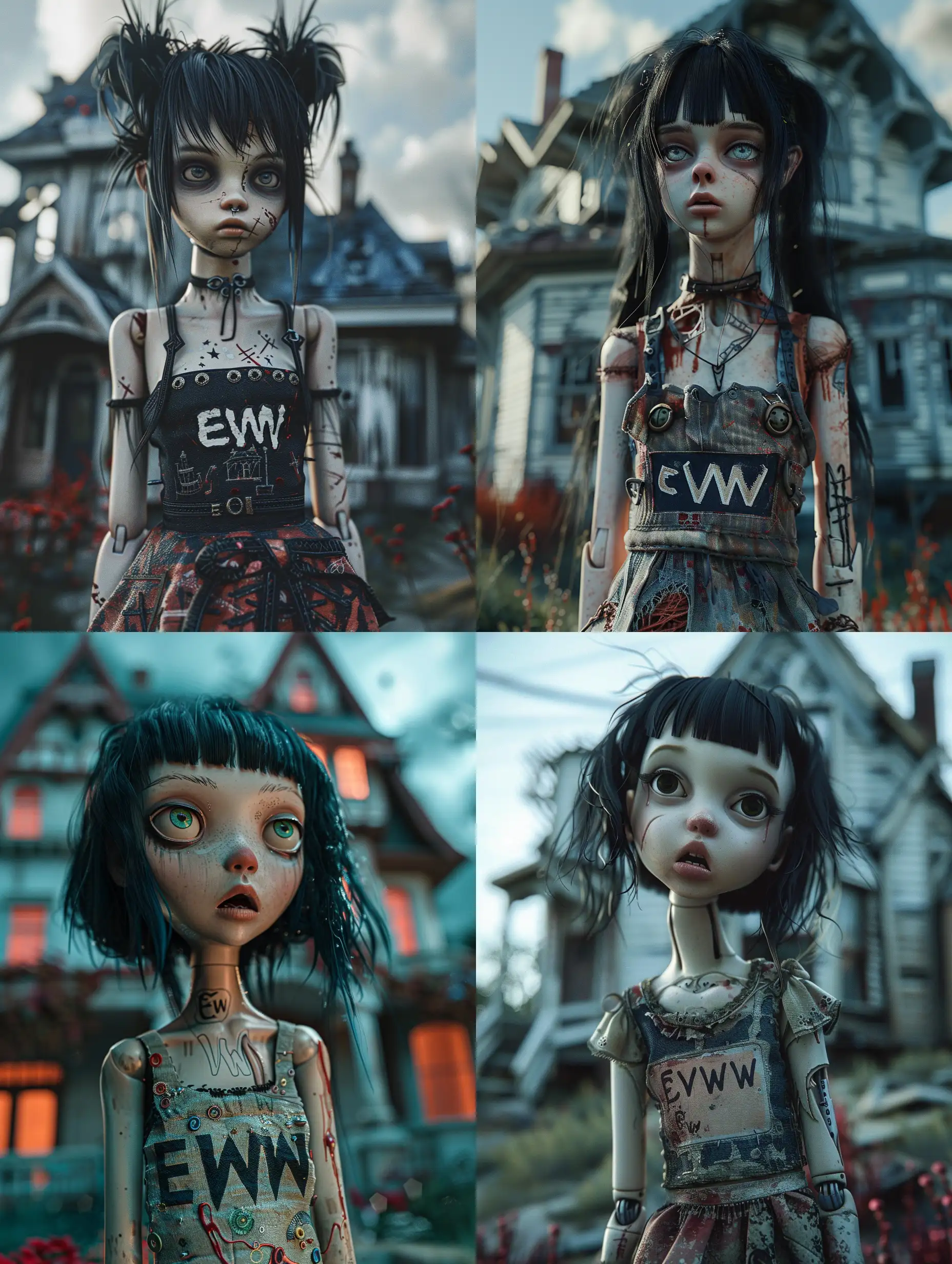 Prompt/Imagine  a 3D model, a fantasy doll in the style of Tim Burton, with black hair and pale skin and with a dress with the inscription "EWW", stands in front of an old house  against an ultra-realistic background with high details and surreal elements. Tim burton animation, tim burton movie,  vermillion and blue, beautiful light, --stylize 250 --style raw --v 6