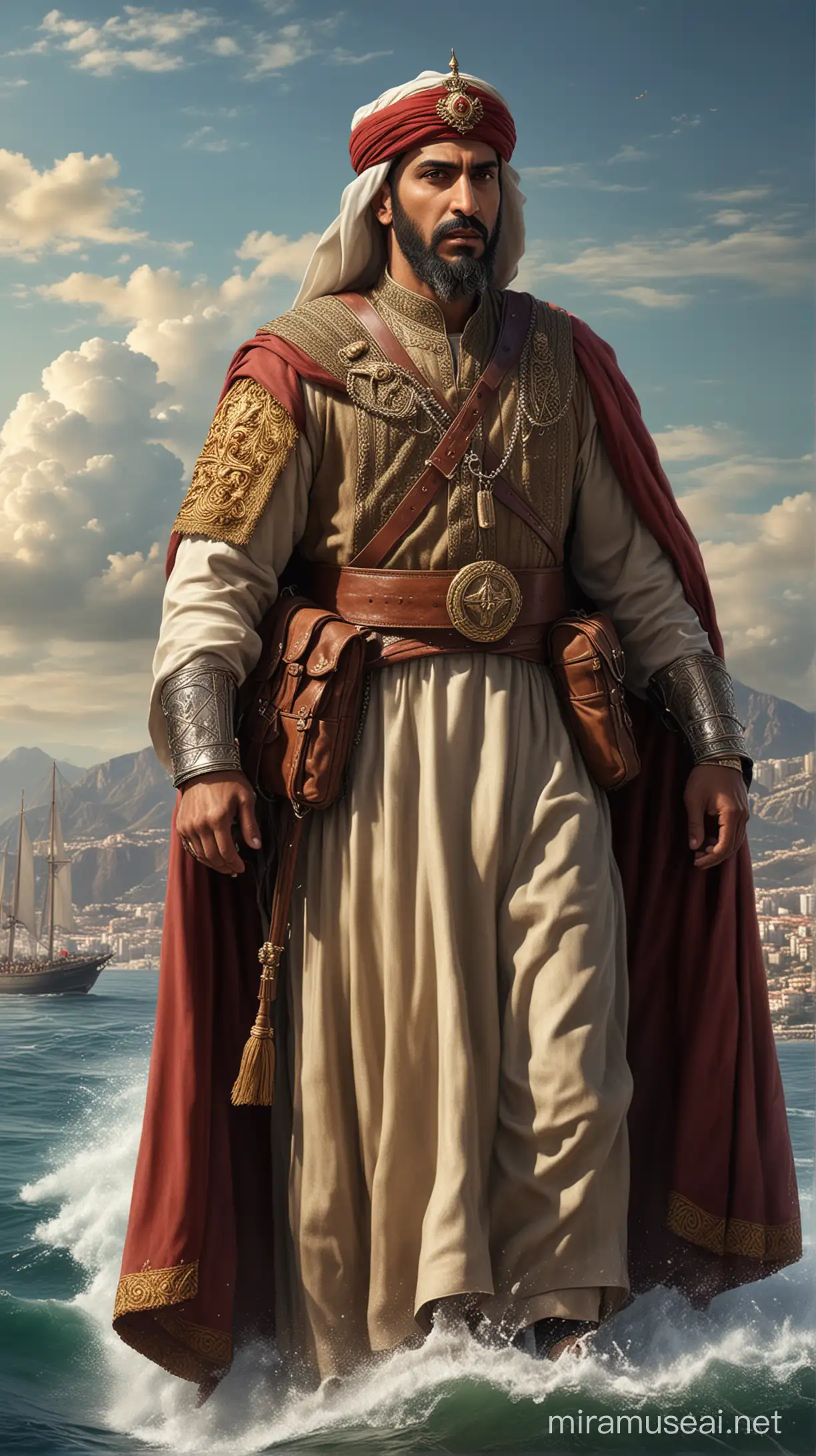 Tariq bin Ziyad, the Muslim general, crossing the Strait of Gibraltar to conquer Spain. Hyper realistic