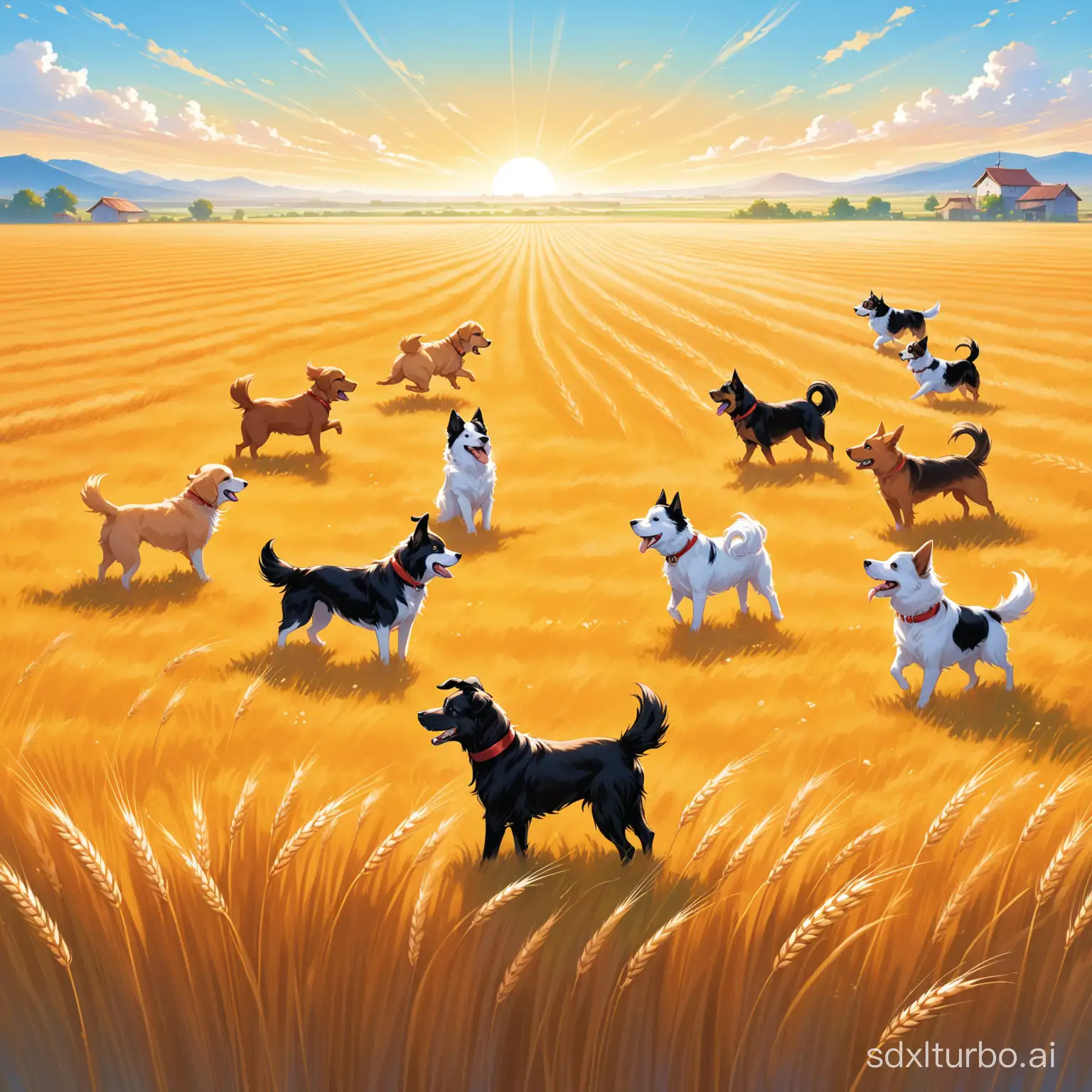 Seven or eight dogs of different breeds are happily playing in the small garden, with endless wheat fields in the distance.
