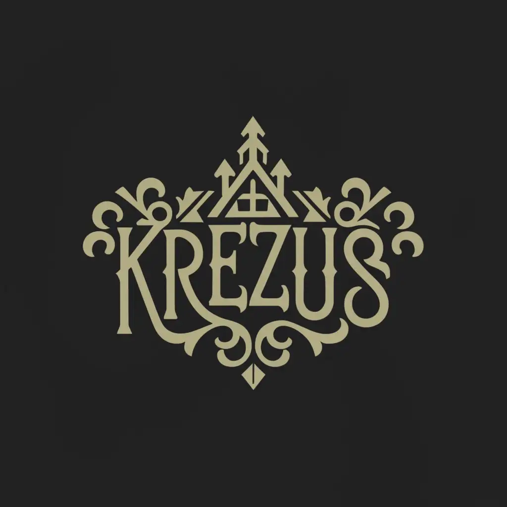 a logo design,with the text "Krezus", main symbol:Witch House,complex,clear background Black, white and blue colors. 
