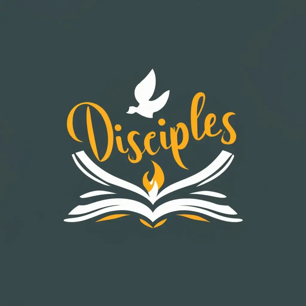 logo, bible, opened hand, burning heart and dove, with the text "Disciples", typography, be used in Religious industry