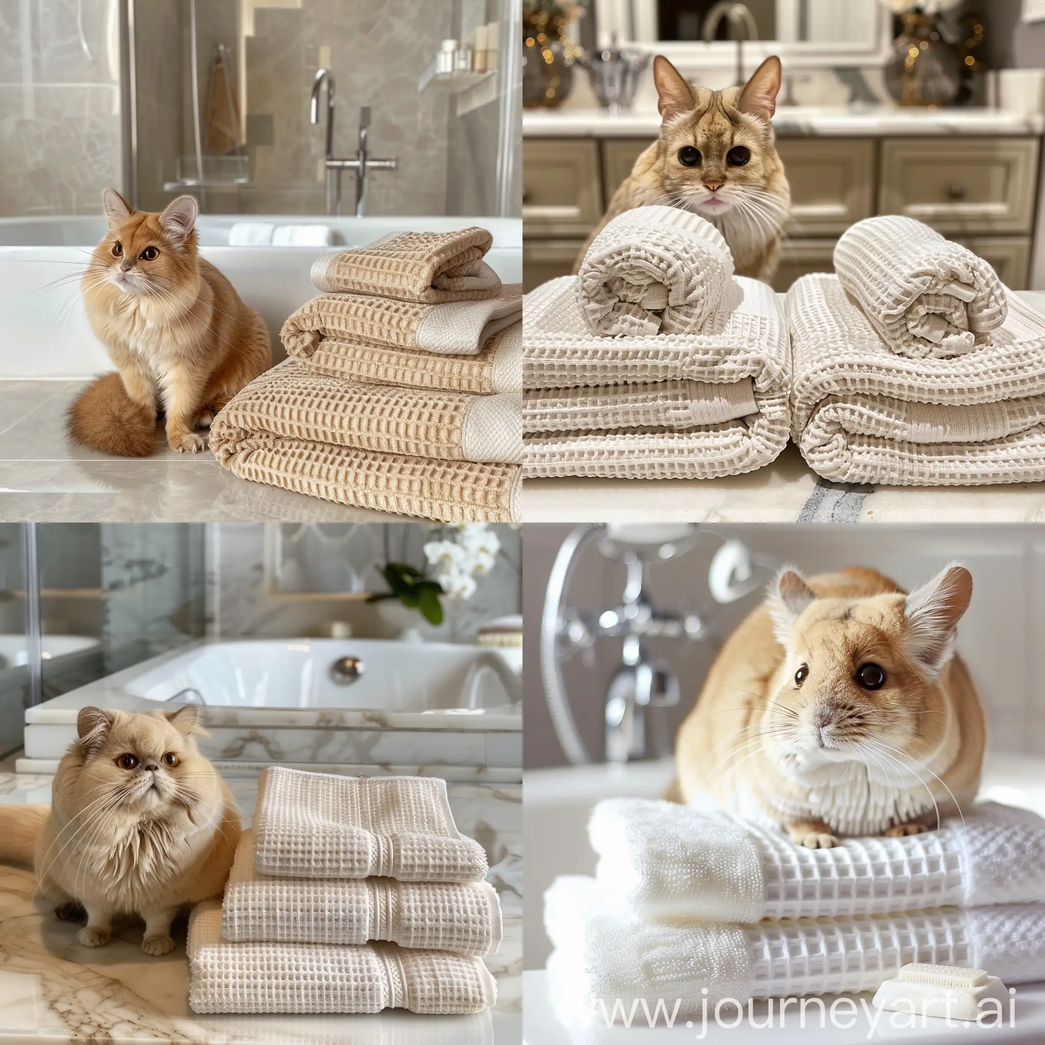 покажи кота золотую шиншилу в дорогой светлой ванной комнате, в которой красиво сложены вафельные полотенца