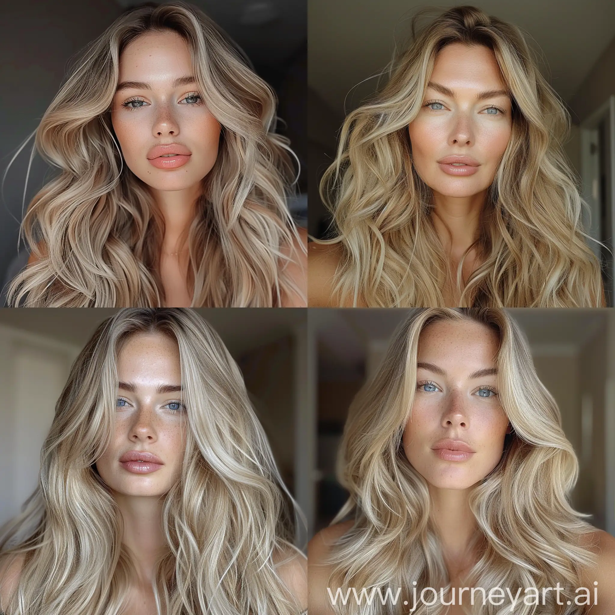 The woman in the photo has long hair, styled back in waves, she is blonde. The hair does not cover her face. Her complexion is light, her face is perfectly clean.  She has a round face with full lips and almond-shaped blue eyes. She looks straight into the camera, Enfance, her face is clearly visible. Her hair does not cover her face. The lighting in the room is dim, making it difficult to see anything else about her appearance. Selfie taken on iPhone, for Instagram 2019--v 6.0 --style raw --s 150 --v 6.0