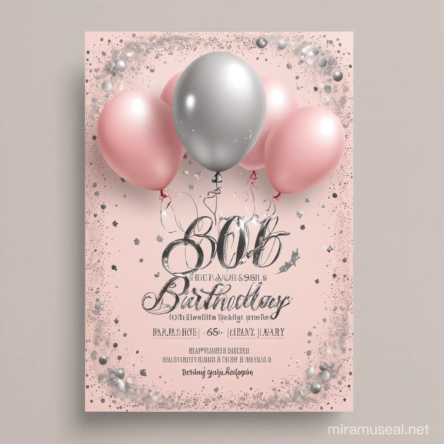 4x6 size with glitters soft pink and silver color palette Elegant 60th Birthday Flyer Design with balloons and designs