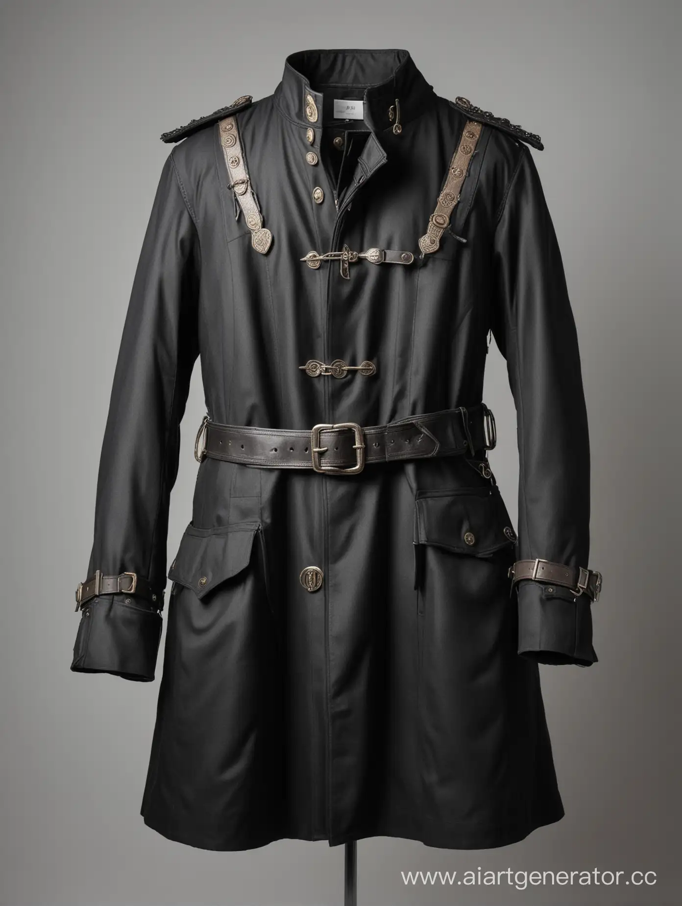 Пальто чёрное сшитое в стилистике средневековья и детектива. Много карманов и застëжек, ремешки на плечах. Белый фон