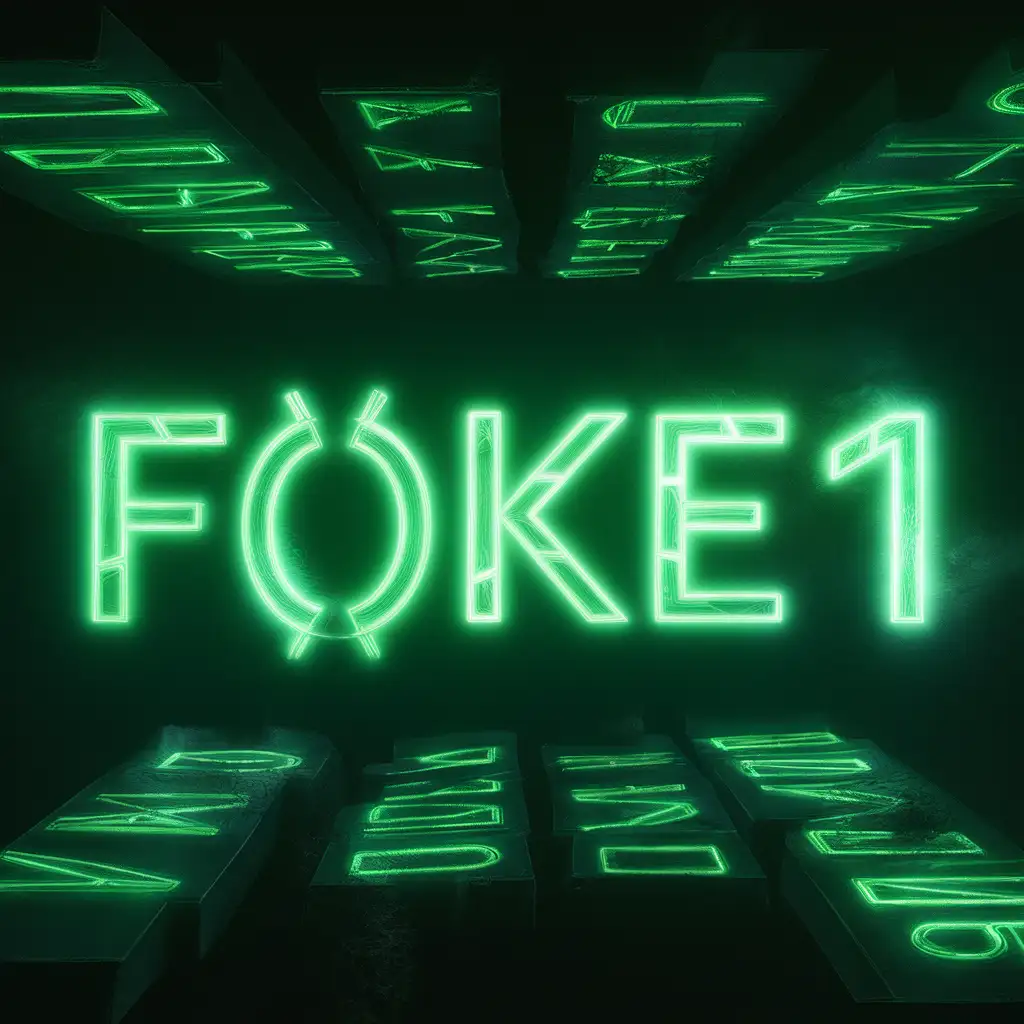 Glowing Neon Green Inscription F0KE1 on Futuristic Digital Display