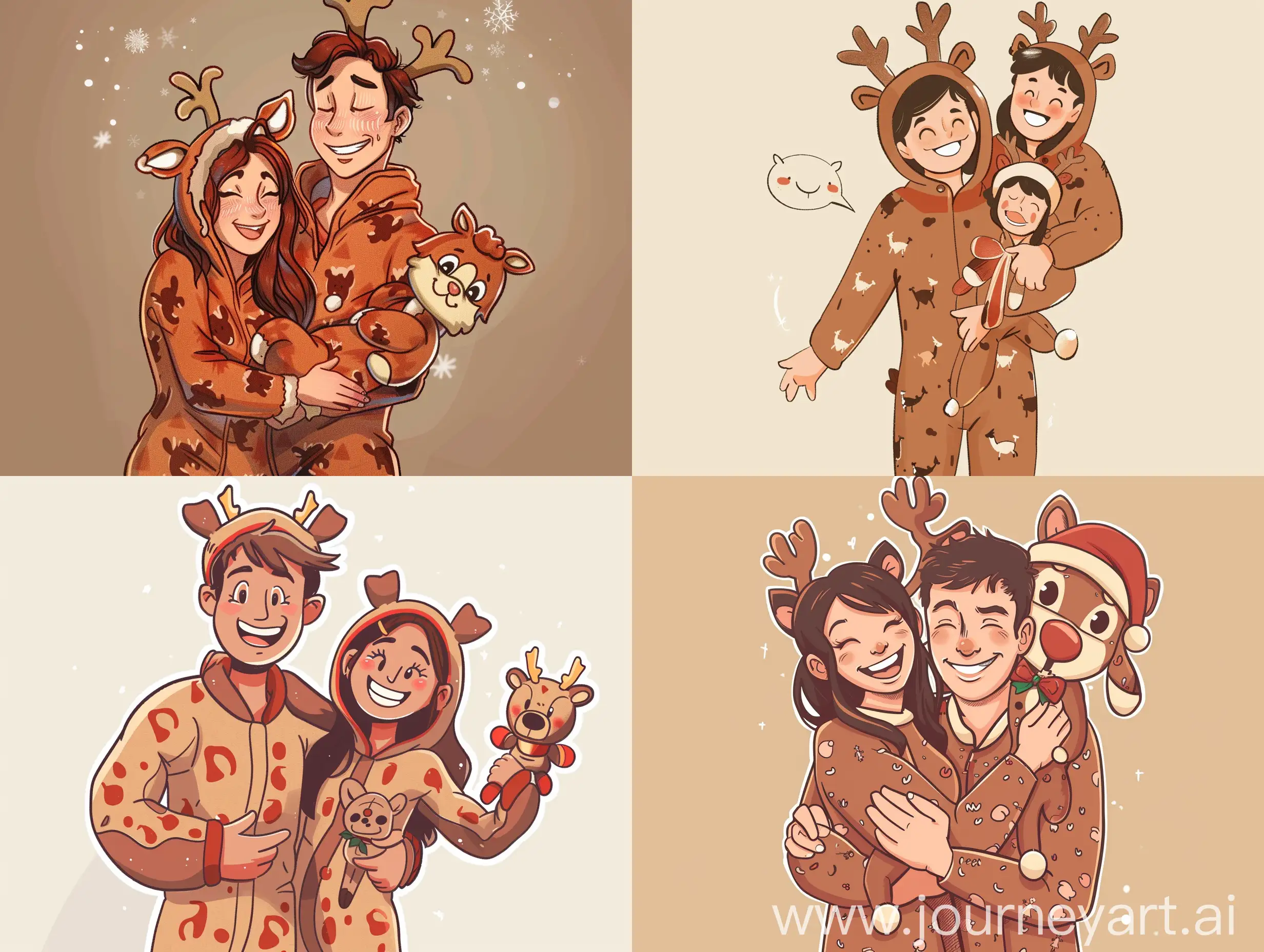Happy-Couple-in-Reindeer-Jumpsuits-with-Stuffed-Animal-Smiling-at-Camera