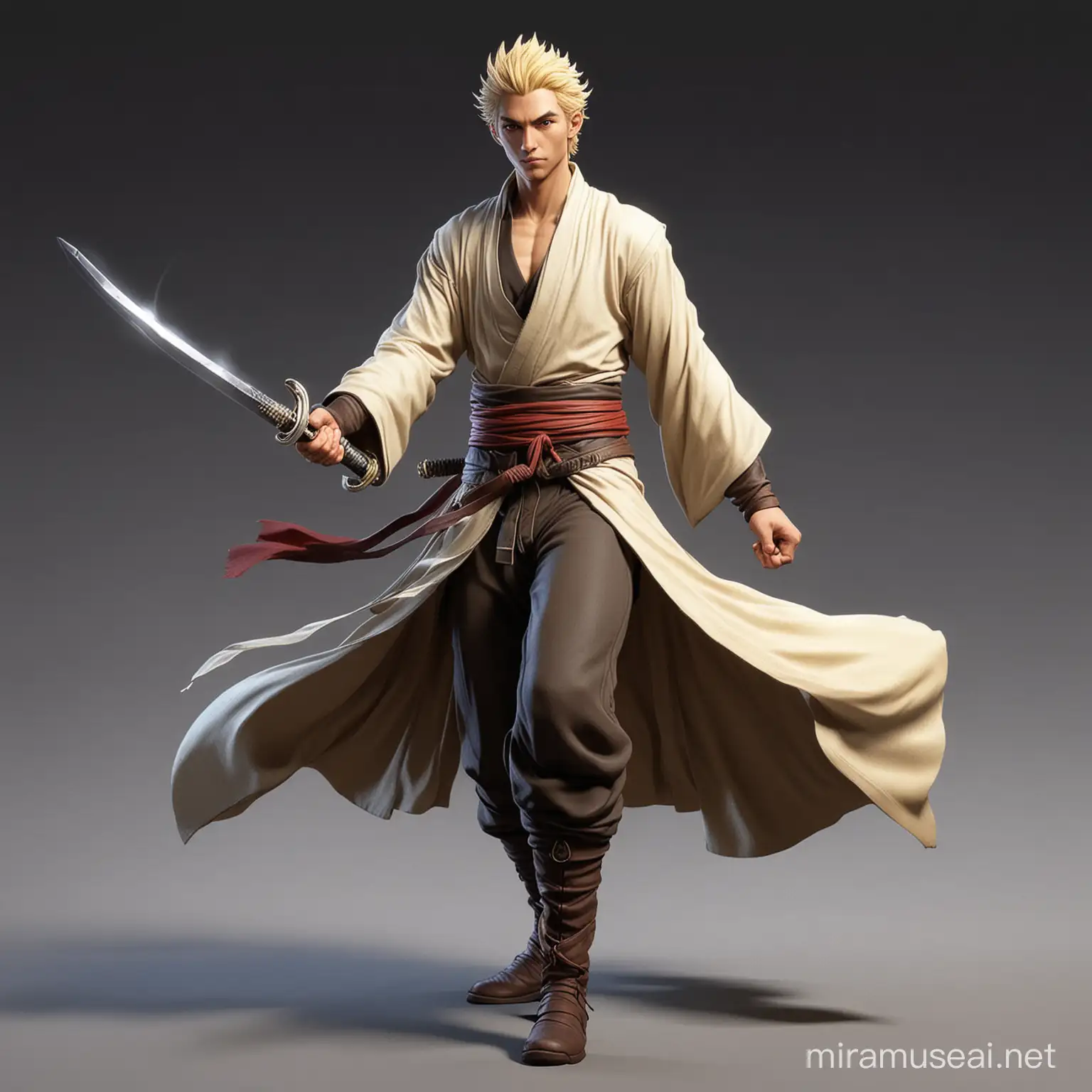 half elf, monk, male, light skinned, flowing robes, kung fu stance, with short sword, cowboy bebop bounty hunter space themed