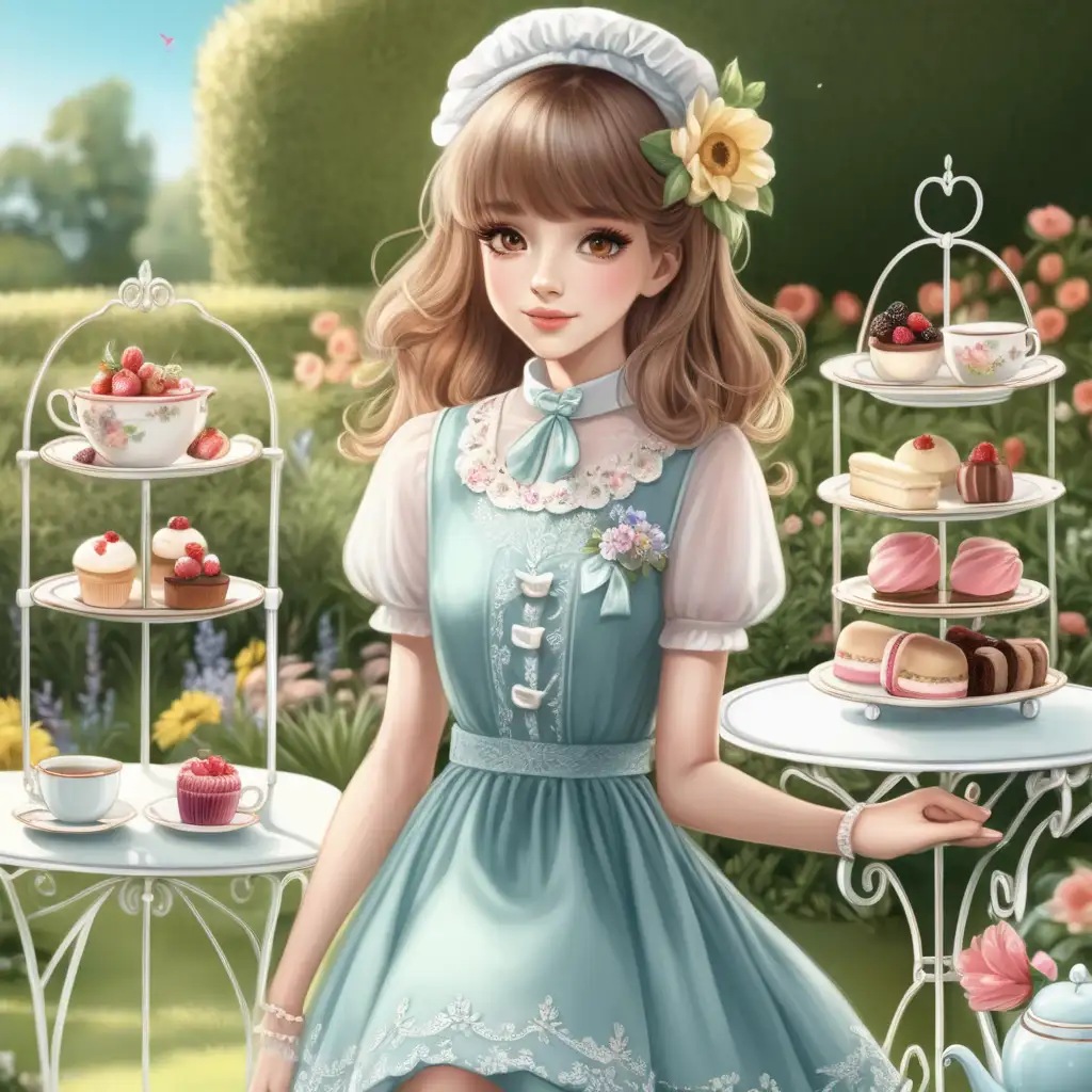 English girl Afternoon tea stand garden beautiful dress flower  cartoon 